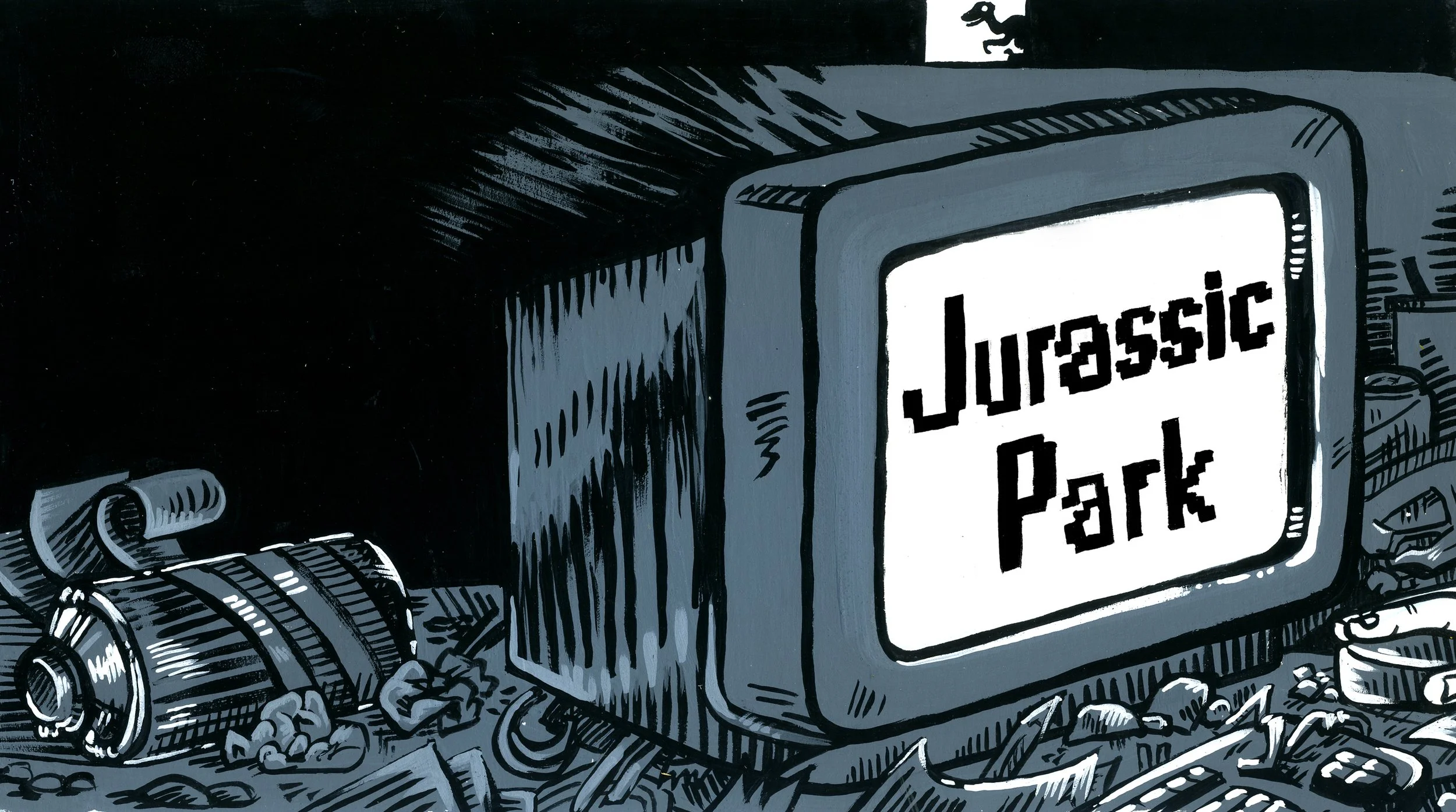   Jurassic Park (1993)     2025   Gouache on bristol, digital composite   10 ¾ x 6 in