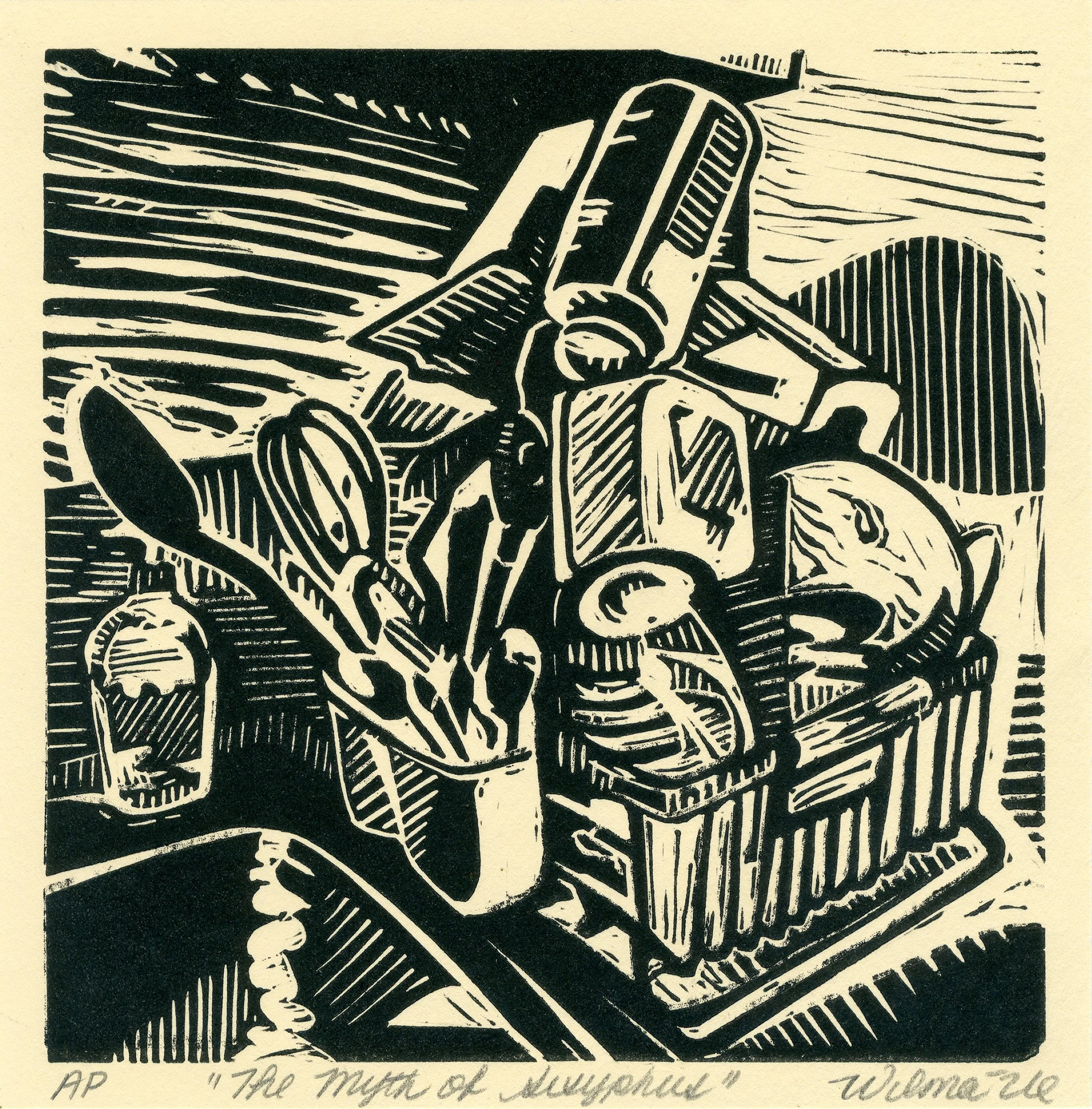   The Myth of Sisyphus     2026   Linoleum on manila tagboard   5 ½ x 5 ½ in