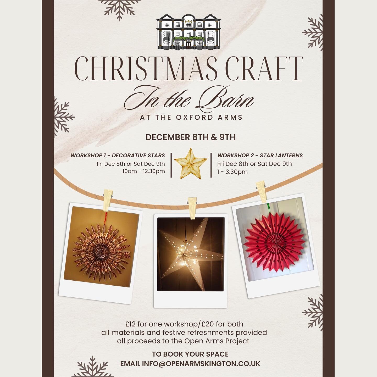 LAST CHANCE to book your slot for tomorrow and Saturdays Christmas Crafts in the Barn at the Oxford Arms!

#openarmskington #communityhub #communitypub #popupkitchen #supportlocal #welovekington #herefordshire #kingtonherefordshire #ruralherefordshir