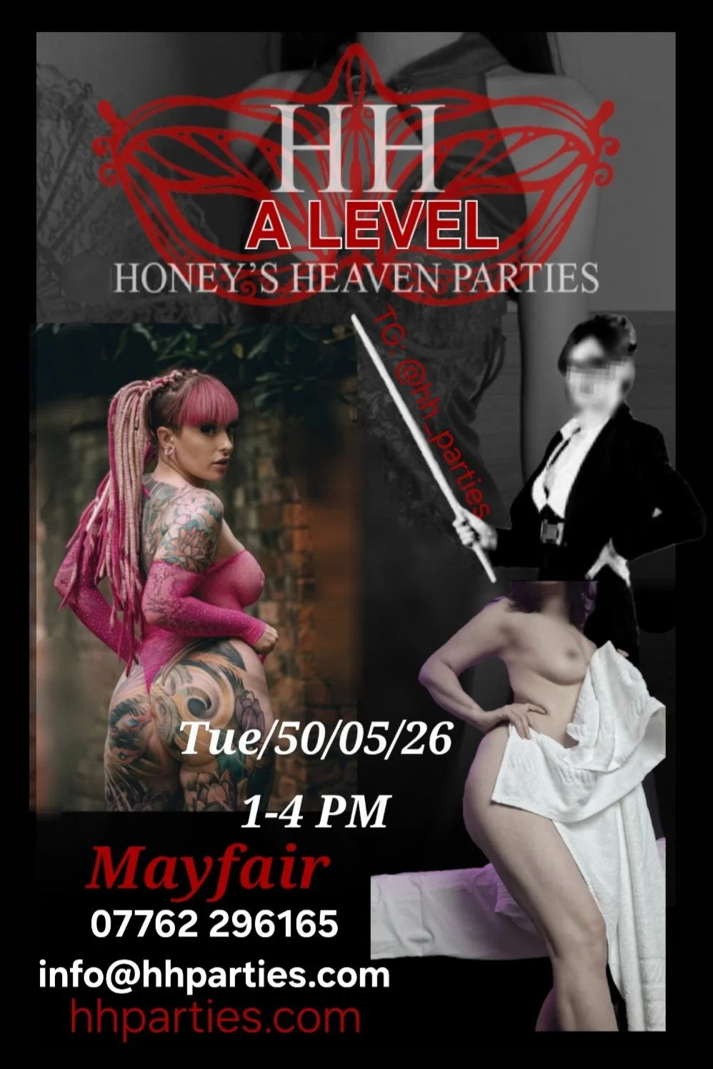 Flyer advertising a party called 'H honey's Heaven Parties' on Tuesday, May 26th from 1 to 4 PM at Mayfair. The flyer features images of women, one with pink hair and tattoos, and another with a towel covering her lower body, one holding a stick with a flag. Contact details and website are also included.