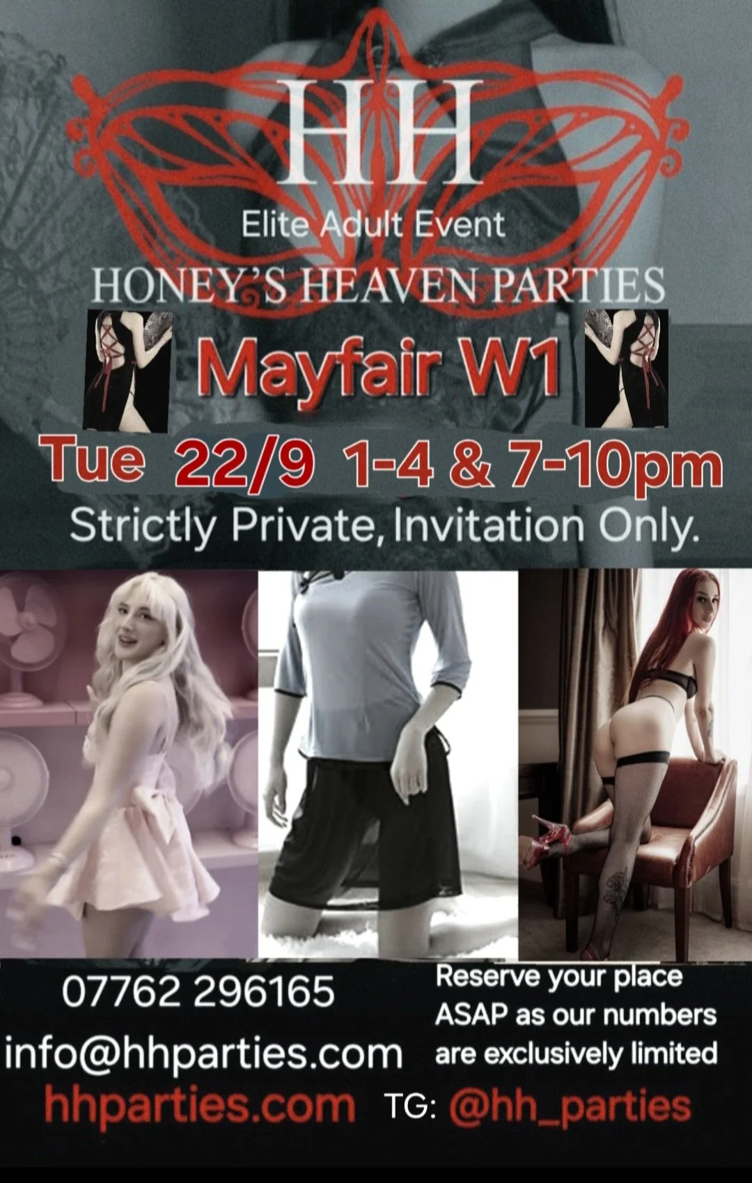 Welcome to Honey’s Heave, an elite sanctuary for discerning adults in the heart of London. Our invitation-only soirées unfold within a discreet Mayfair mansion, where refined elegance meets irresistible allure. Join us 22nd Sept 1pm 7pm Mayfair W!.