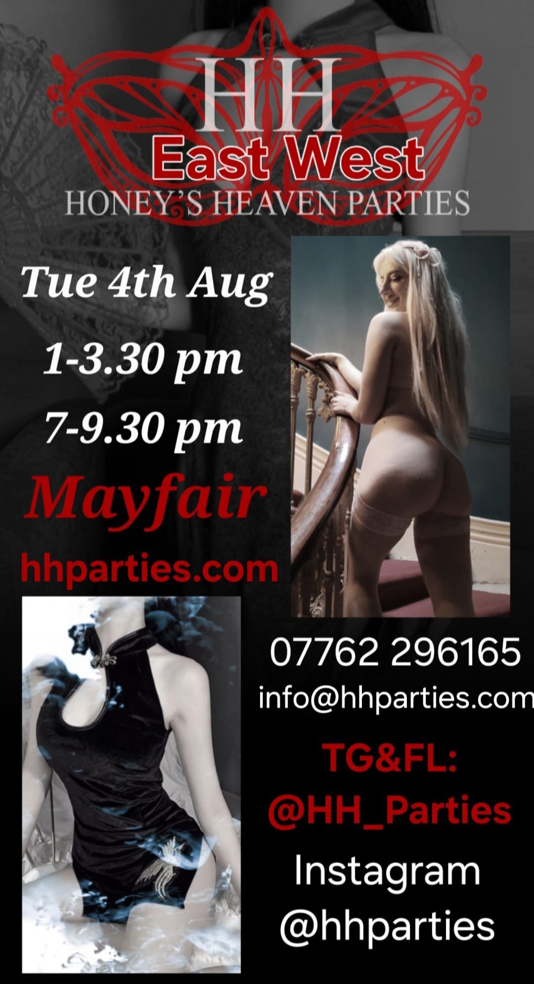 Honey's Heaven Elite Adult Parties /East West Duet / Tuesday 4th August (1pm, 7pm ) Private Mayfair Mansion London W!, Invites only. Limited space, Private. Luxurious. Discreet. Low ratio. To Book: WhatsApp: +447762 296165🪭Email info@hhparties.com🪭