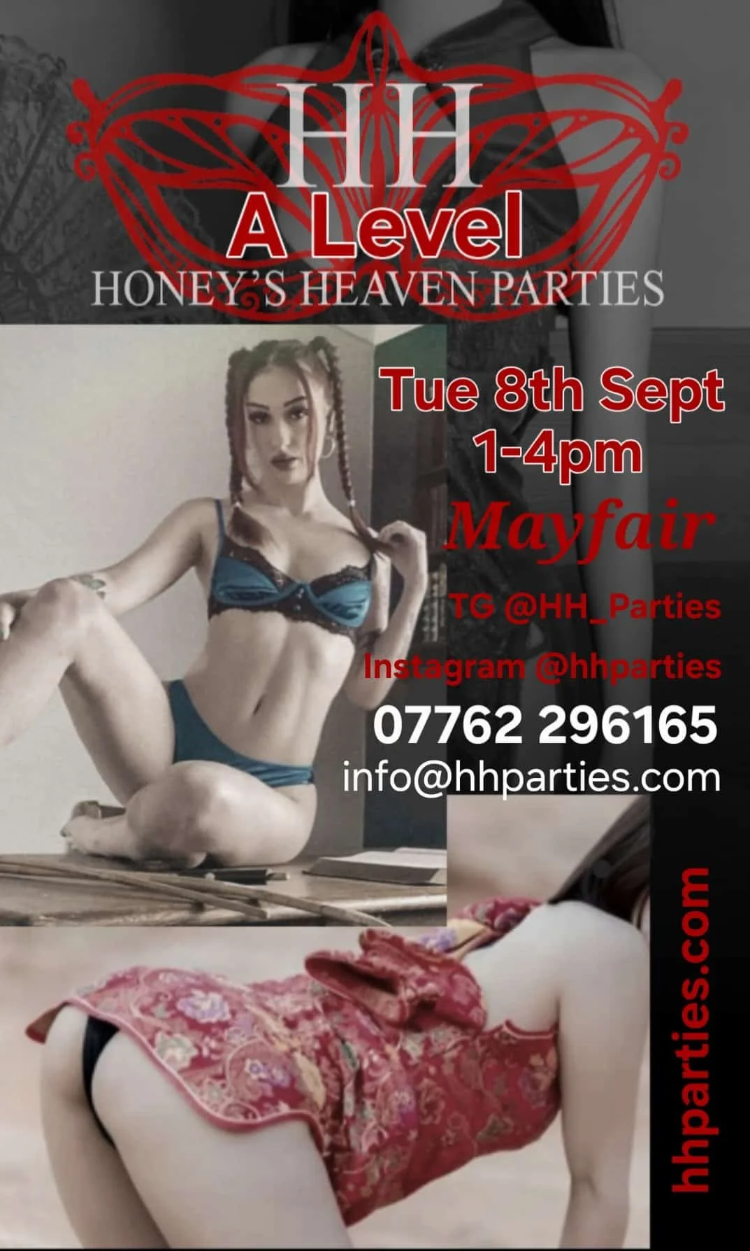 Promotional poster for Honey's Heaven Parties featuring Gigi Rouge and oriental beauty for 'A level' finale 2026. setting in Private Mayfair Mansion W1 London, Exclusive Elite Adult Event! latest updates see Telegram @HH_Parties / info@hhparties.com