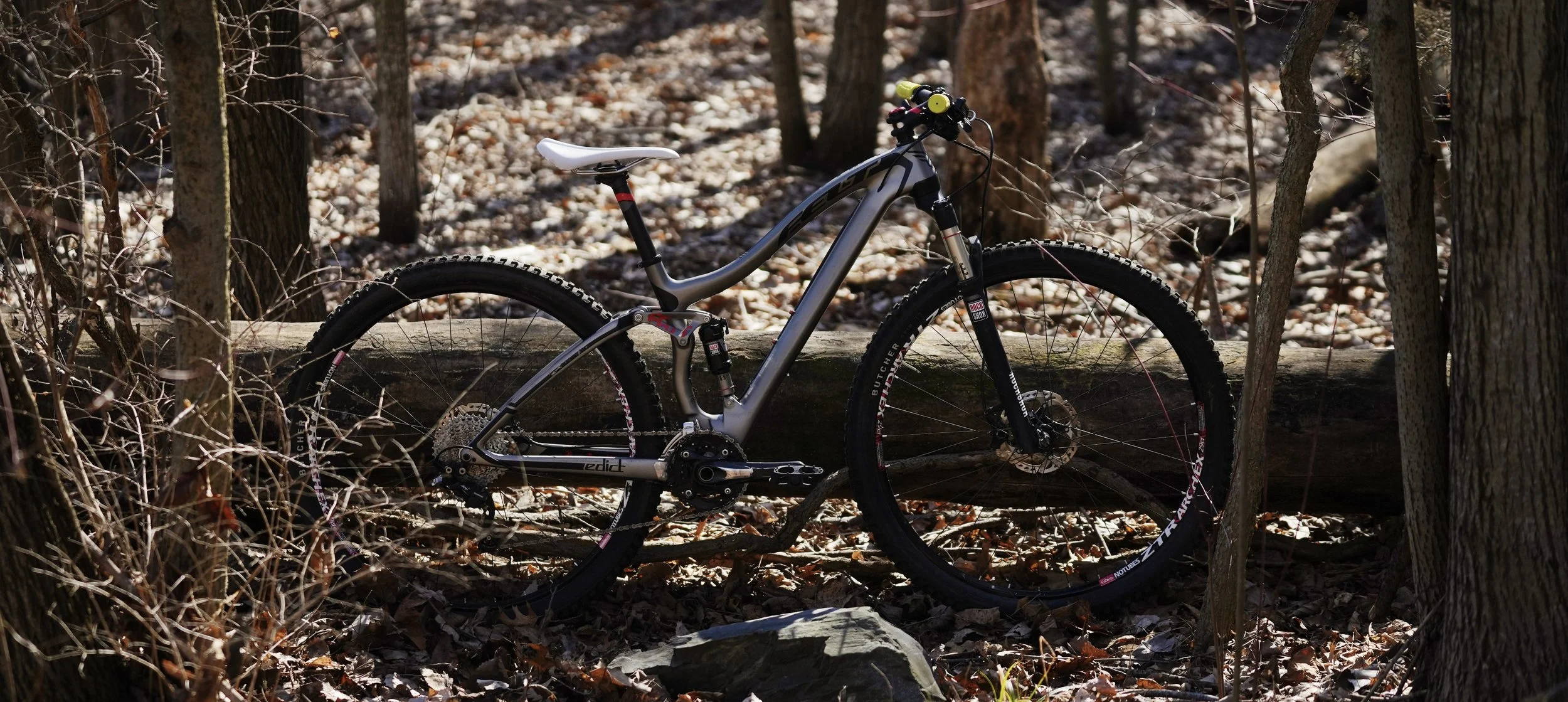 A refurbished Felt Edict carbon frame full suspension mountain bike leaning against a log in a wooded area with leaf-covered ground and trees in northwest Indianapolis, Indiana.