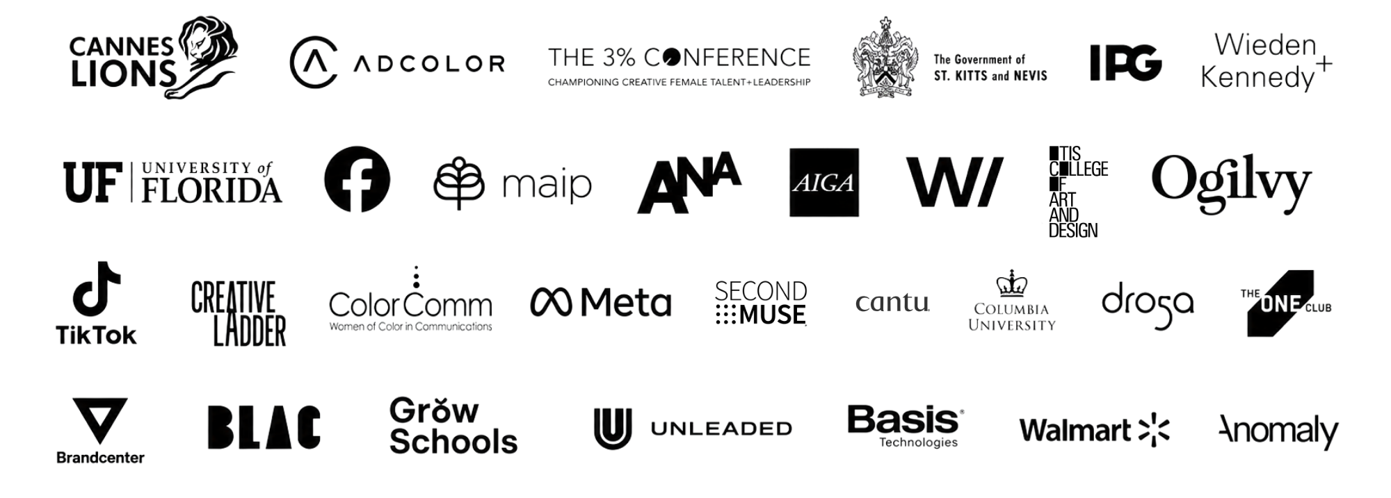 Collection of black and white logos of various organizations and companies, including Cannes Lions, ADCOLOR, The 3% Conference, Wieden Kennedy, University of Florida, TikTok, Walmart, Meta, and others.