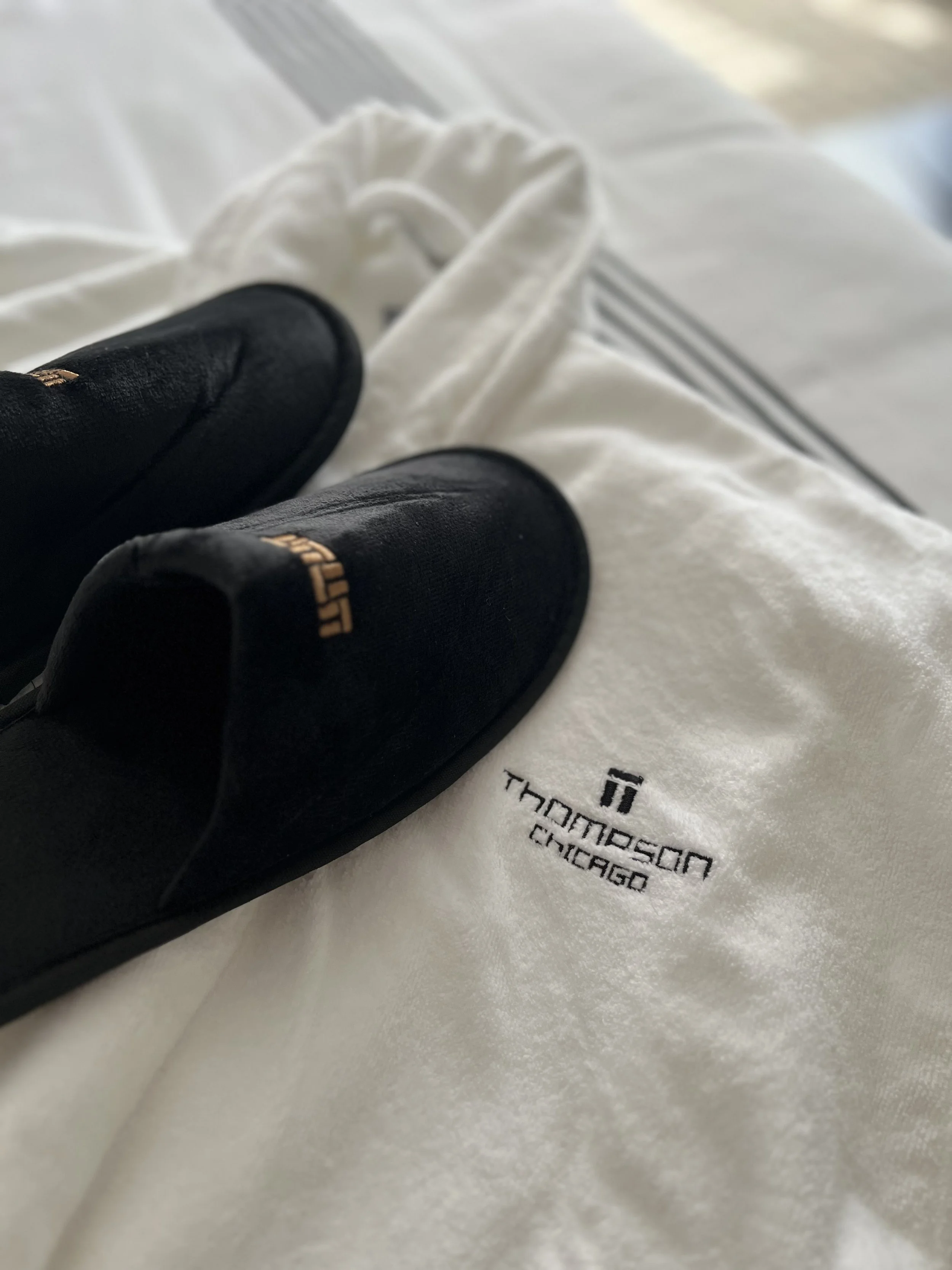 Thompson branded bath robe and slippers