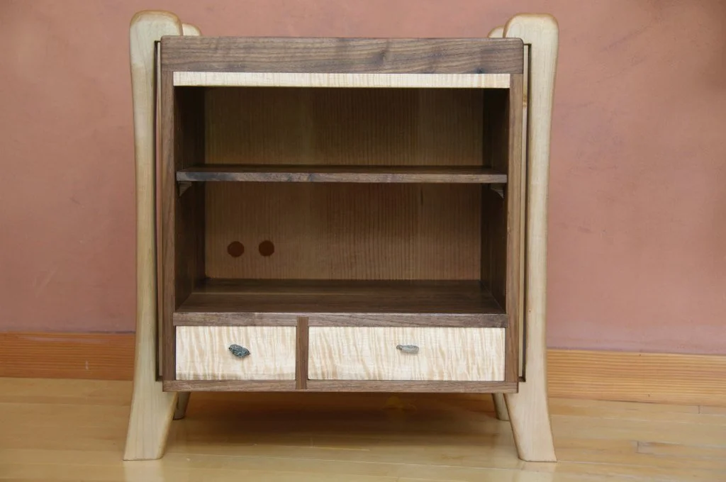 Walnut and maple entertainment console