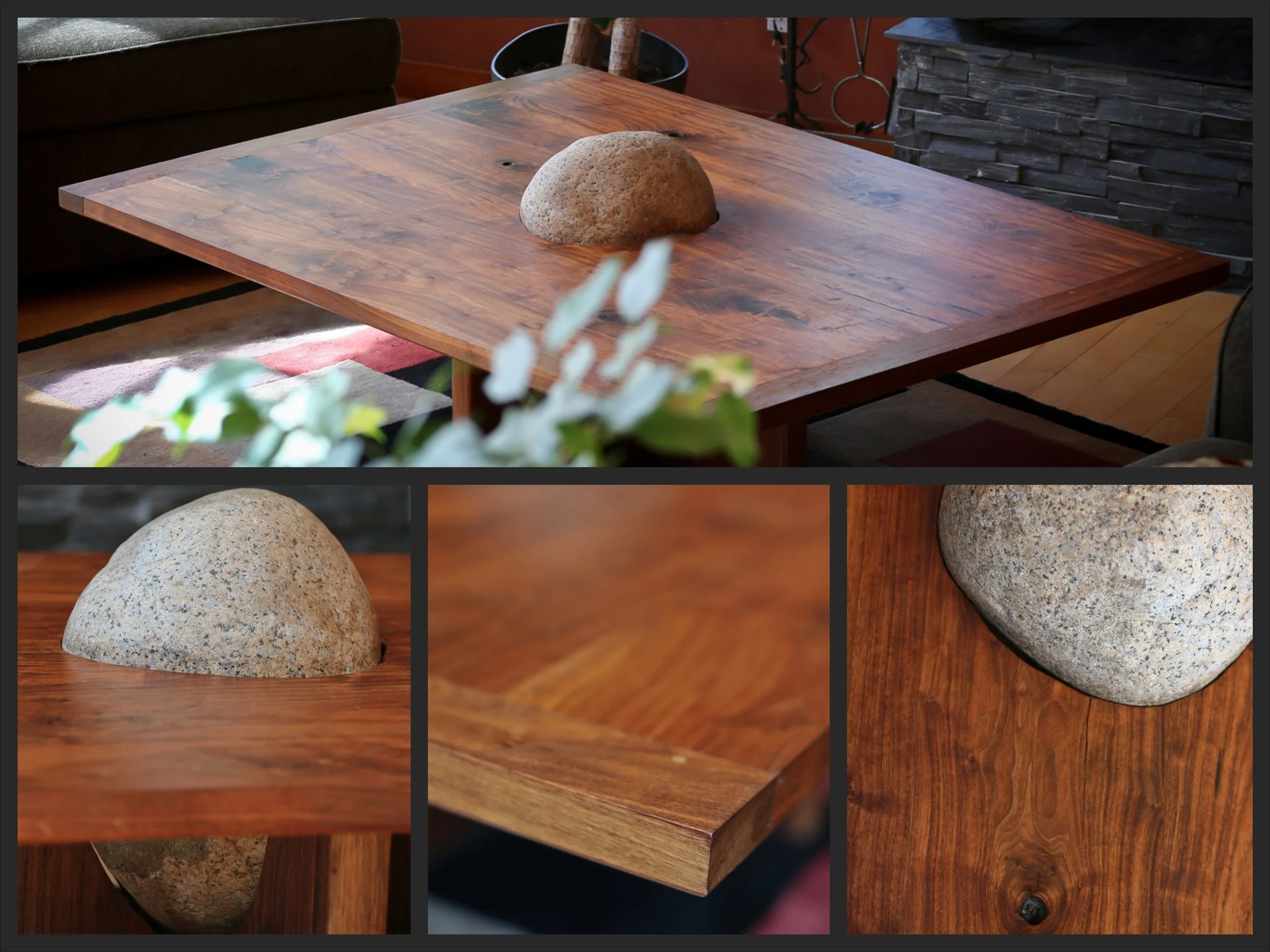 Walnut coffee table with granite boulder ($4500)