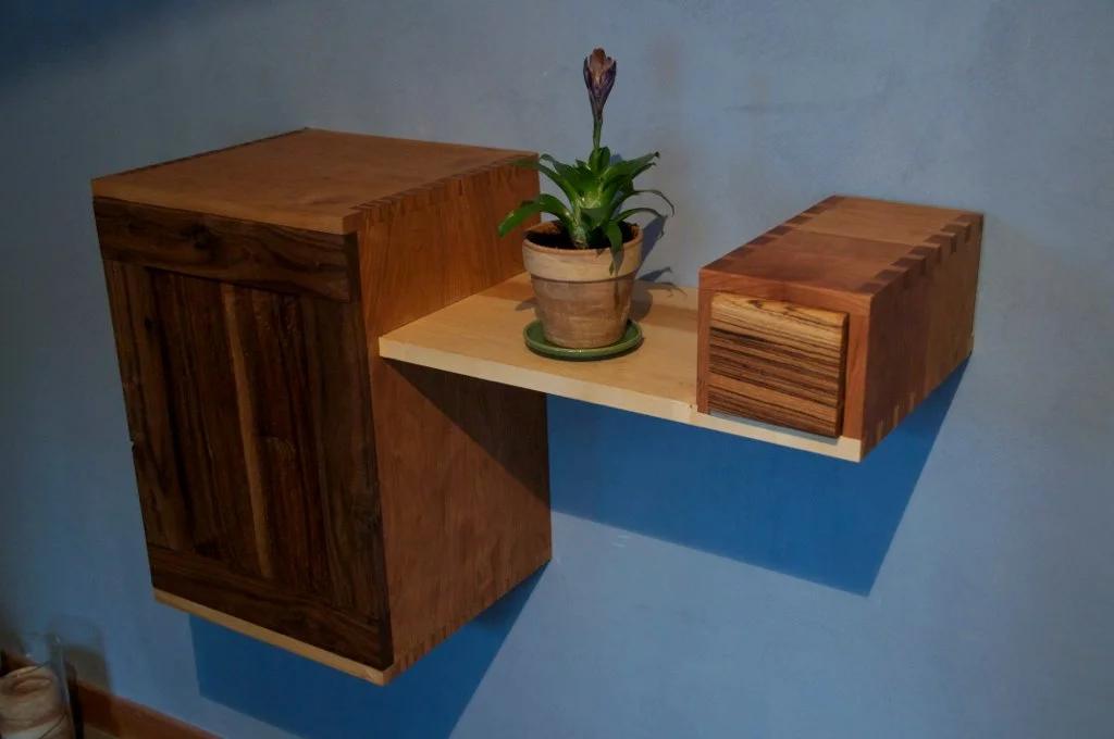 Wall-mounted wooden shelf with a potted plant in a terracotta pot placed on the middle surface.