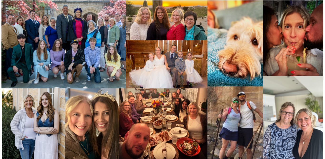 Collage of people at different events, including a group photo outdoors with Spring blossoms, women smiling and dressed casually, children in formal wear, a dog, a couple with a kiss, a woman with her friend, people at a dinner table, hiking with sticks, and two women smiling indoors