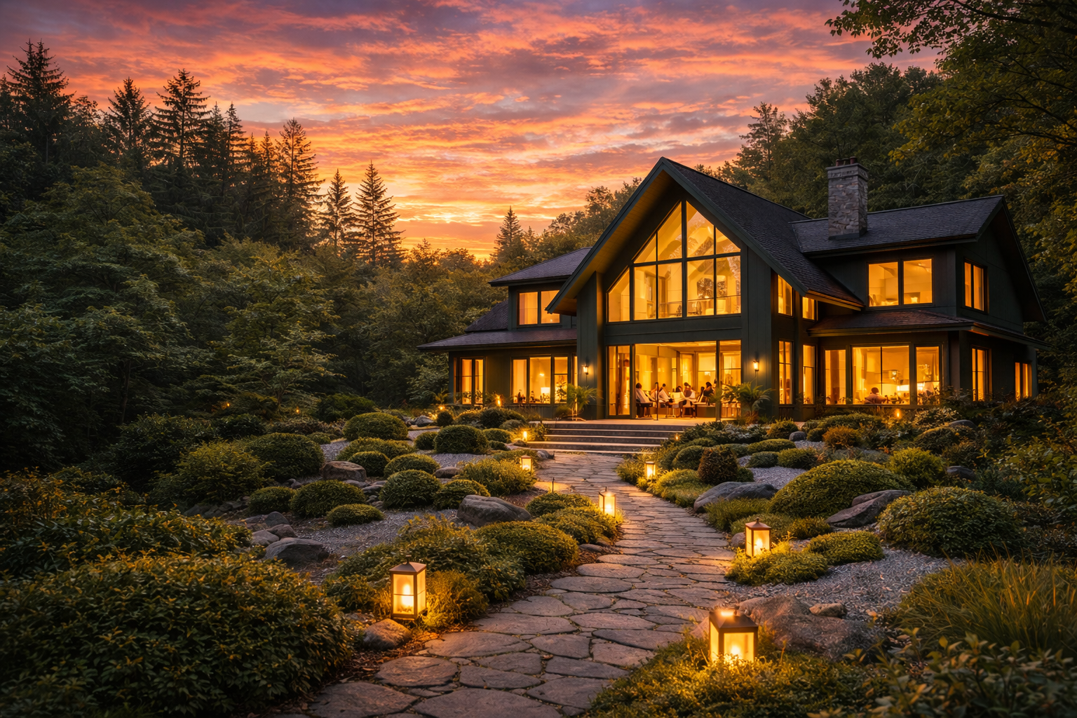 A house with large glass windows glowing with warm light, surrounded by a landscaped garden with small illuminated lanterns, during sunset in a forested area.