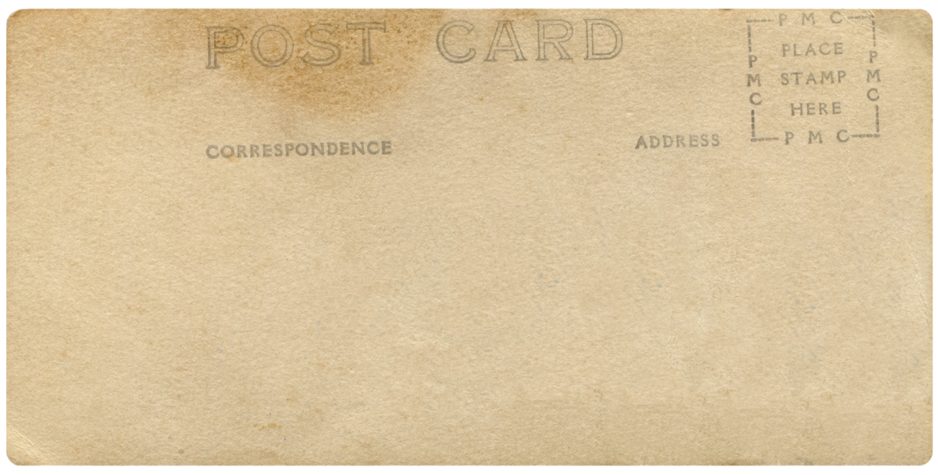 An aged, beige vintage postcard with the words 'POST CARD' at the top and areas designated for correspondence, address, and postage stamp placement.