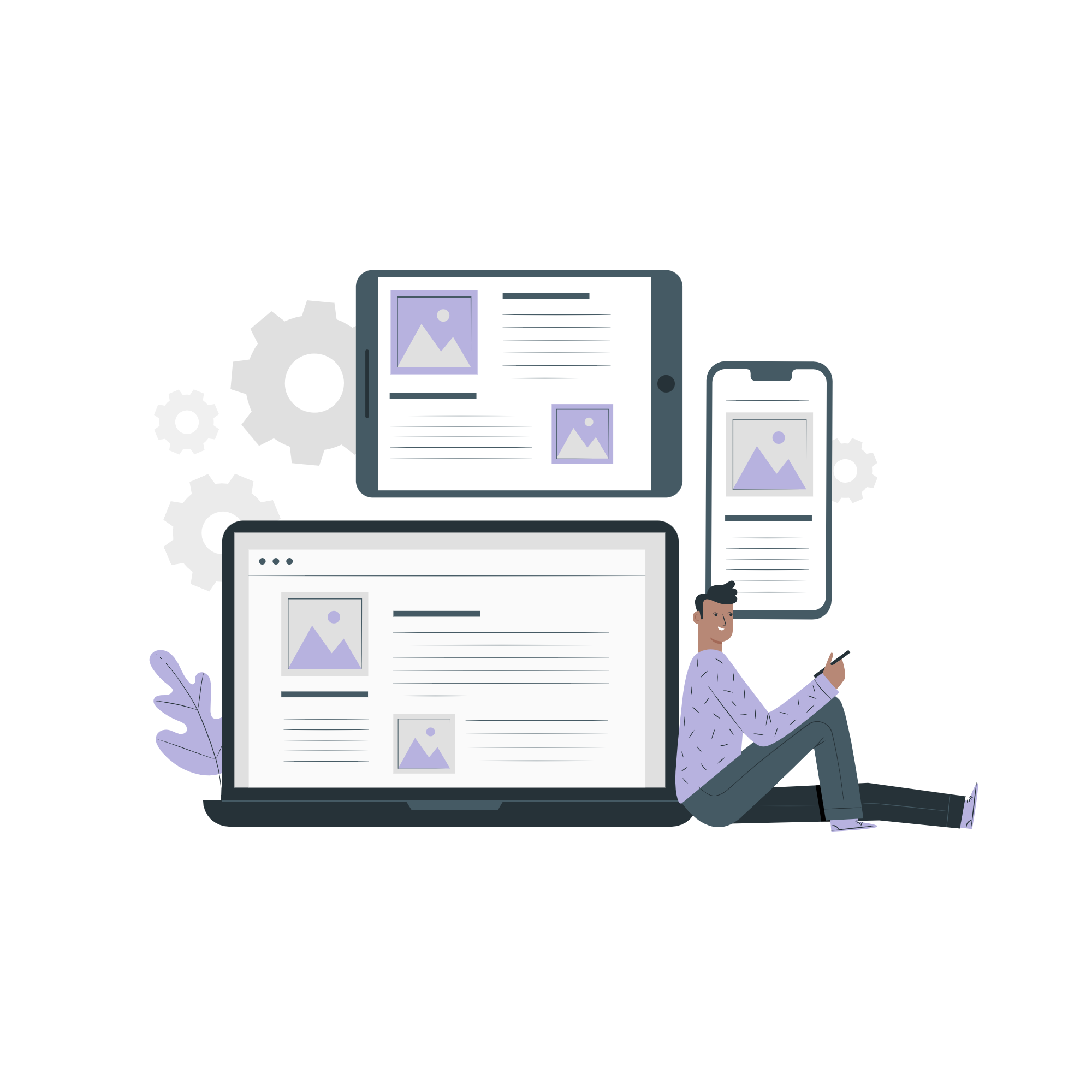 Illustration of a person using digital devices, including a laptop, tablet, and smartphone, surrounded by gears, suggesting website development and design.