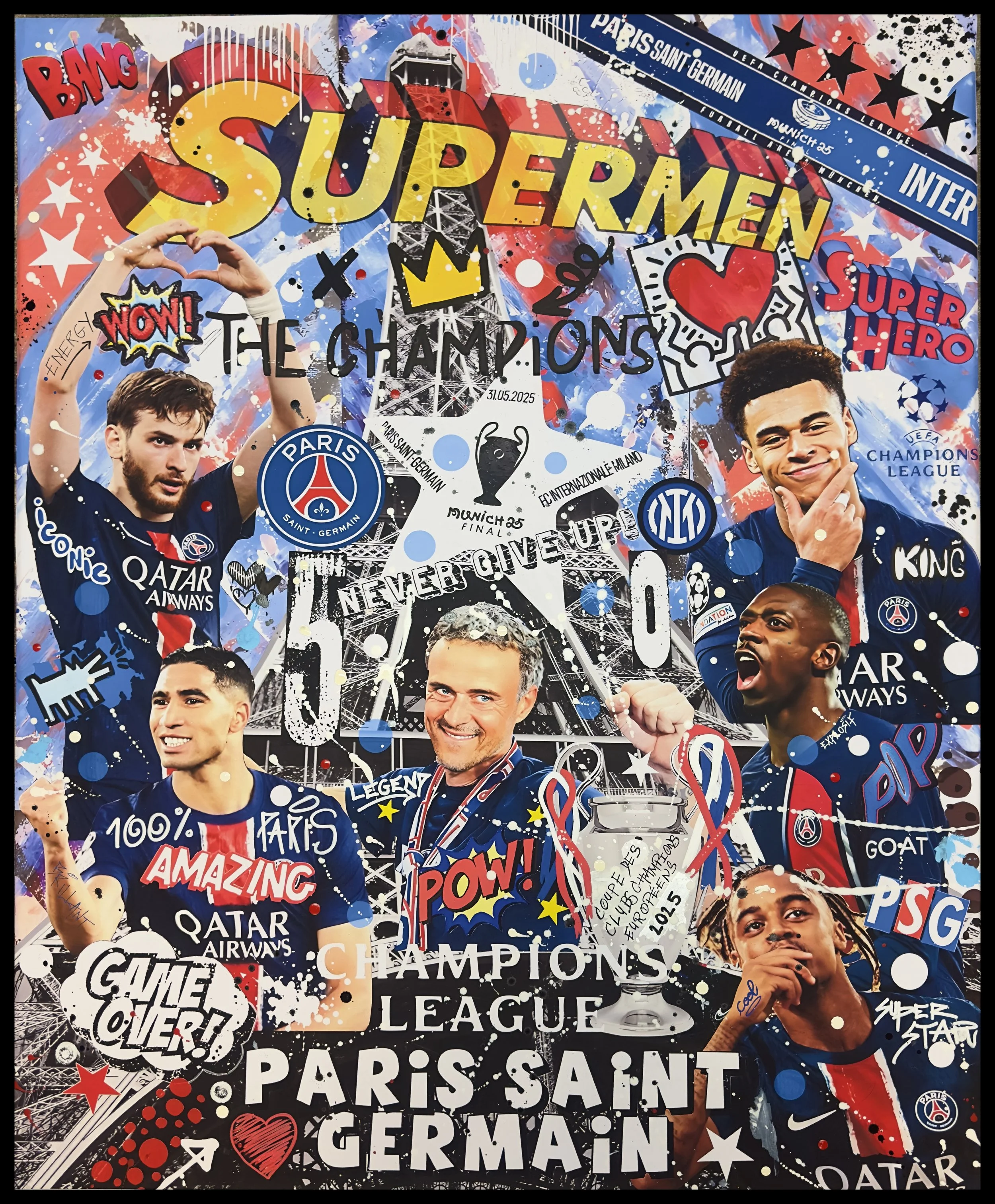 Victoire du PSG en league des champions 2025, dédicacé par Luis Enrique, Nuno Mendes et Bradley Barcola
- Vendu au profit  des associations "PLAY AGAIN", "FONDATION XANA", et " INSTITUT CURIE"  , prix confidentiel €€€