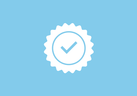 A badge with a check mark inside a circle, set against a light blue background.