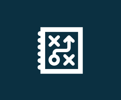 Icon of a notebook with a game plan diagram and strategy arrows on the cover