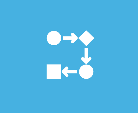 Flowchart with a white circle, arrow pointing to a white diamond, arrow pointing to a white circle, and a white square, all on a blue background.
