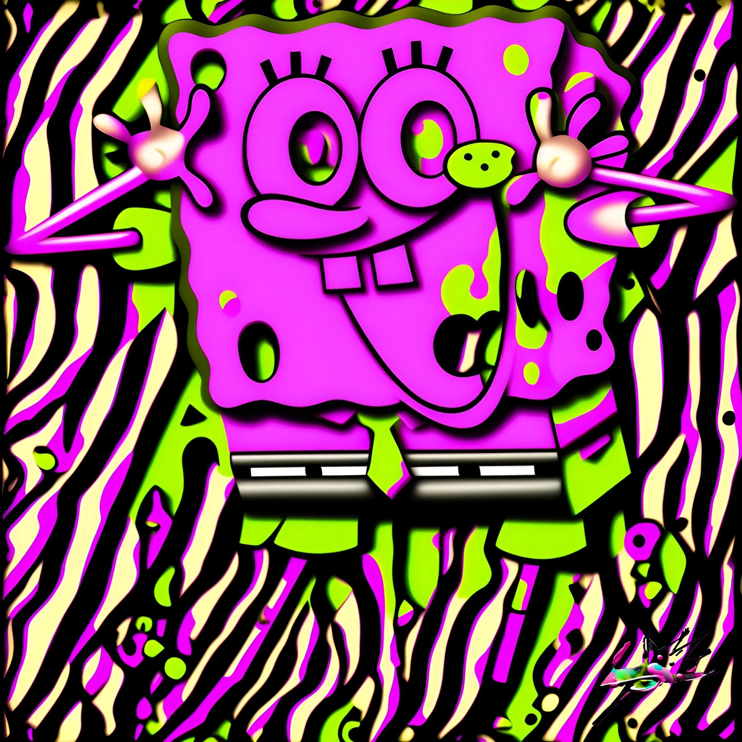 Lit Bob x Camo – Comp 4
This version takes the energy up a notch — zebra-striped backgrounds, metallic texture, and gleaming surfaces. The iconic sponge beams with fluorescent attitude, standing between cartoon fantasy and digital surrealism. Comp 4 