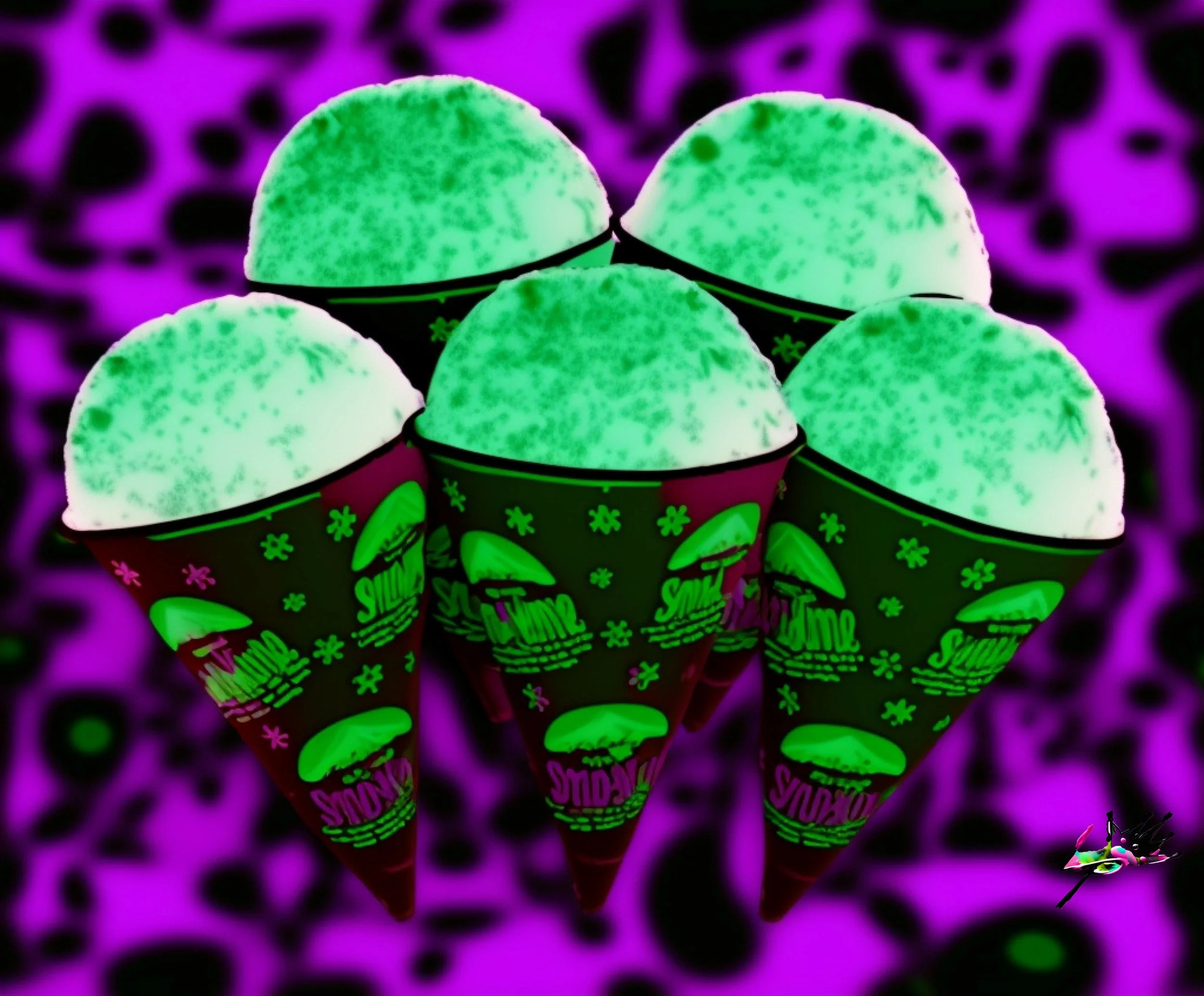 Lit Snow Cones – Comp 4
A remix in green and purple tones — colder, bolder, trippier. Snow Cones – Comp 4 turns dessert into dreamscape, shifting tone from playful to psychedelic. Its nostalgia viewed through neon eyes — sweet memory reframed by mode
