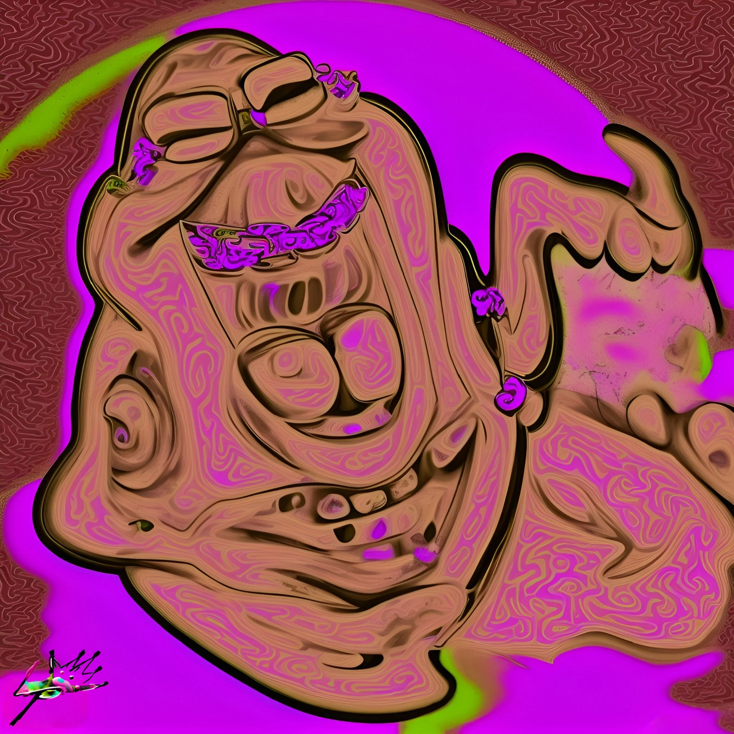 Lit Slimer – Comp 4
The icon goes full electric. Comp 4 glows with a wild fusion of green, pink, and yellow energy, the cartoon spirit now reimagined as a symbol of freedom and humor. The grin becomes universal — defiance through joy. This piece is p