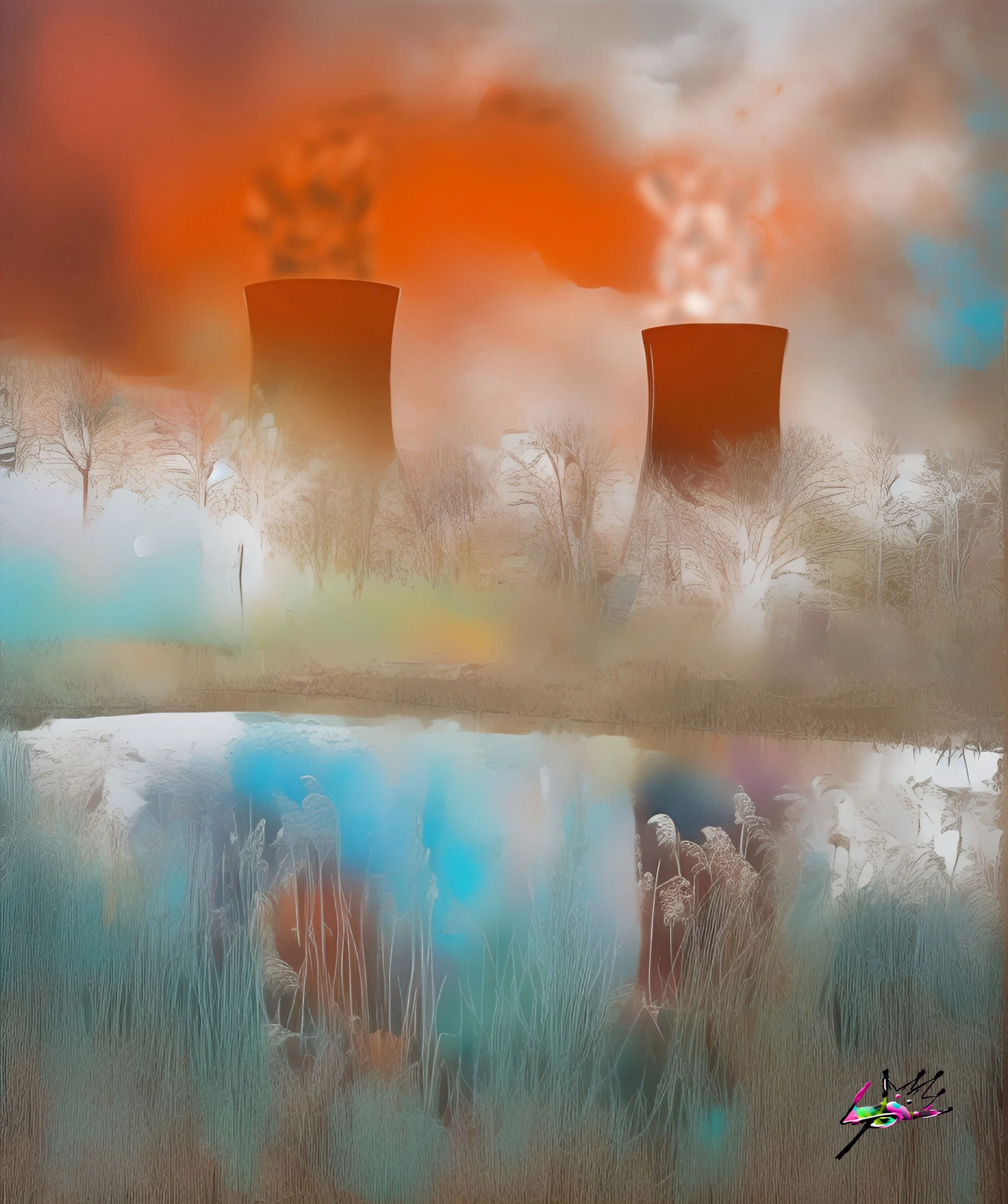 Title: Nuclear Serenity Comp 1 Muted pastels drift across cooling towers rising in haze, their reflections dissolving into soft teal and bronze below. Despite the industrial presence, the scene settles into an unexpected calm — a quiet tension where 