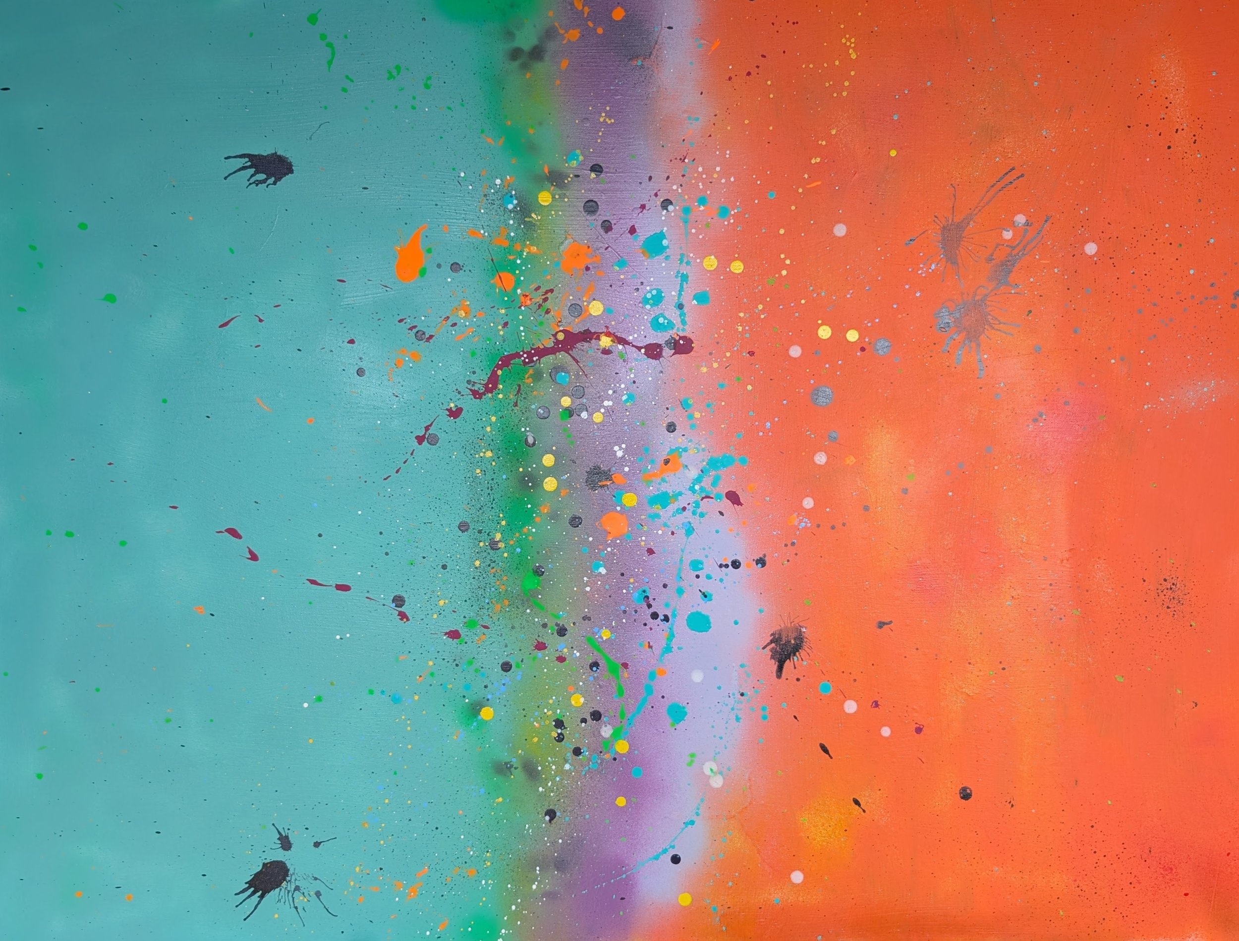 Ascension Split
40in w x 30in l
Turquoise and orange stand apart, bridged by a green-to-purple veil. Splashes travel both ways—division turning into dialogue. Ascension is movement through the middle.