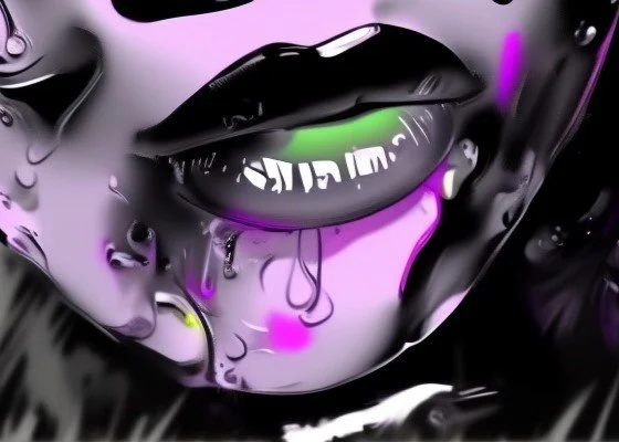 Melting hues and mirrored surfaces define this surreal work. Glossy lips dissolve into streaks of green and purple, evoking emotion and electricity. It’s a moment frozen mid-transformation — pleasure meeting code. The piece hums like a dream remember