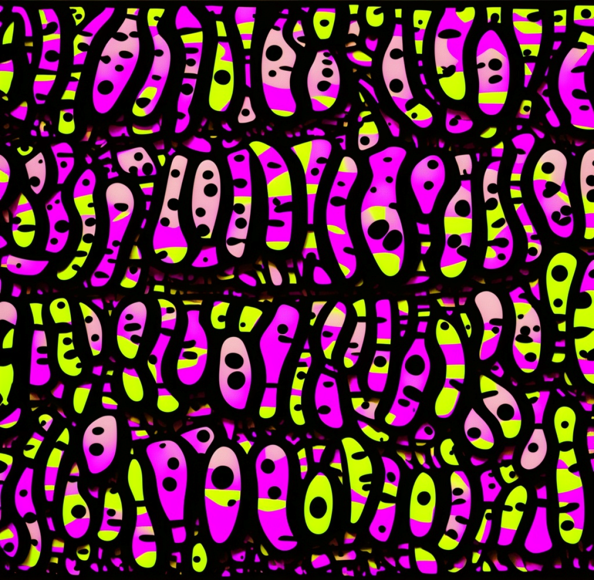 Lit Cell Theory Camo
Color, rhythm, and biology collide in this organic abstraction. Lit Cell Theory Camo pulses with pinks and yellows — shapes resembling cells, pods, or digital camouflage. It’s both microscopic and monumental, symbolizing how cult