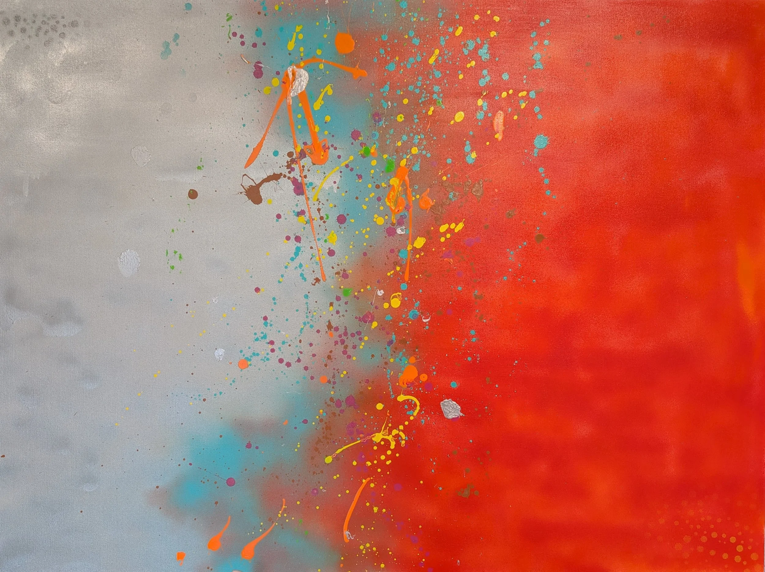 Chromatic Metamorphosis
48in w x 36in l
Chrome-cool left, fire-bright right—joined by a turquoise bridge. Splashes leap the gap, turning contrast into change. This is transformation in plain color. A metamorphosis