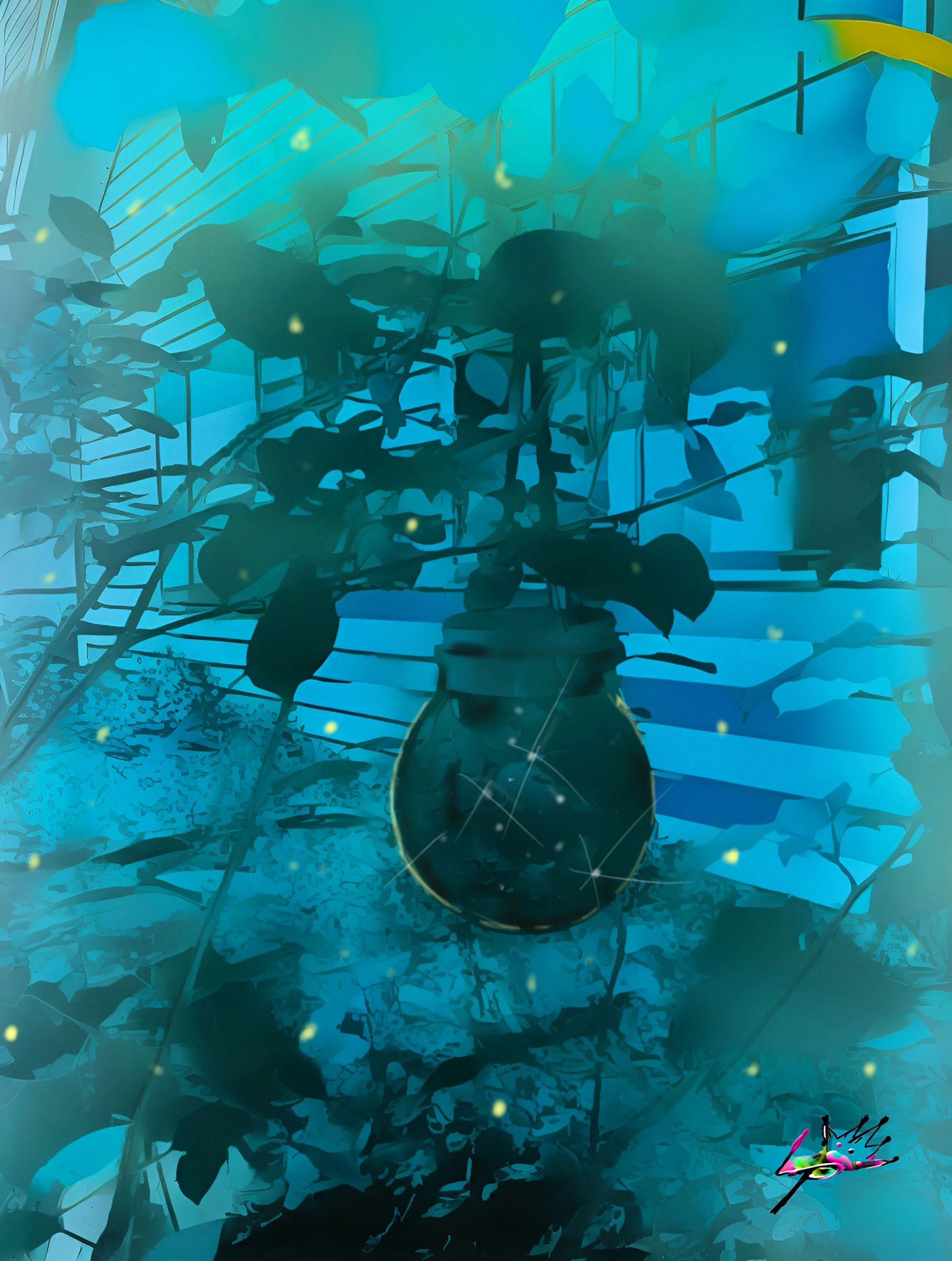 Title: Firefly Eulogy A dim bulb hangs among shadowed leaves as fireflies flicker like fading memories in the dusk. Soft teal and deep blue tones settle into a hush, where every glow feels like a whispered goodbye. Light becomes elegy — brief, tender