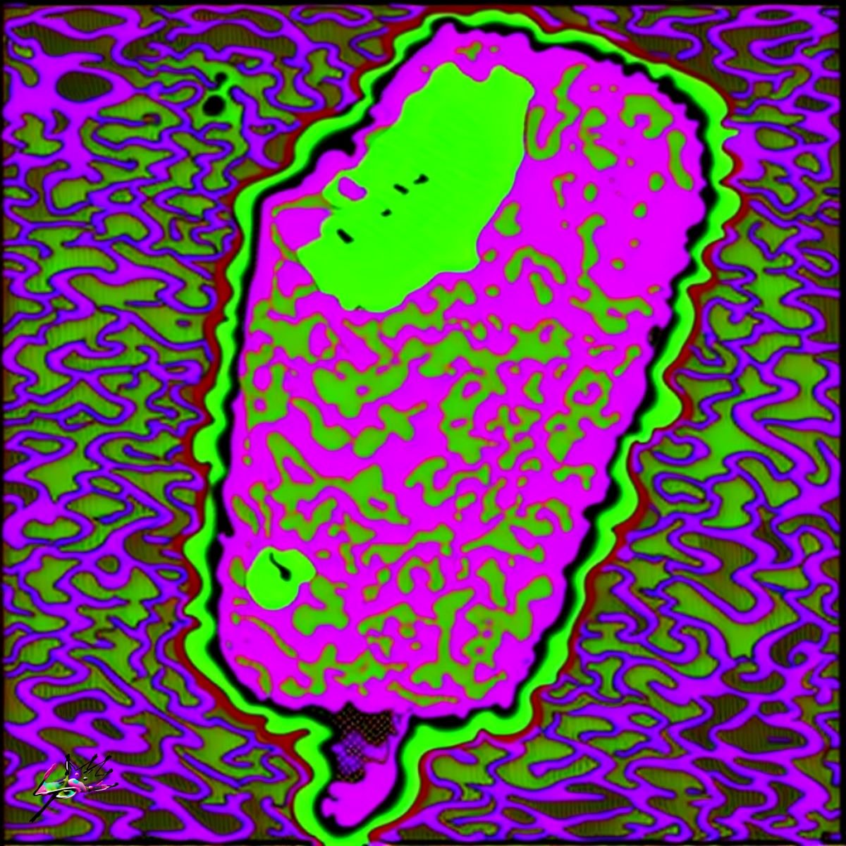 Playful and hypnotic, this piece melts nostalgia into neon. iLL Ice Cream reimagines the simple joy of a frozen treat through psychedelic design — hot pinks, greens, and labyrinthine textures pulse like sound waves. Its indulgence made abstract: the 