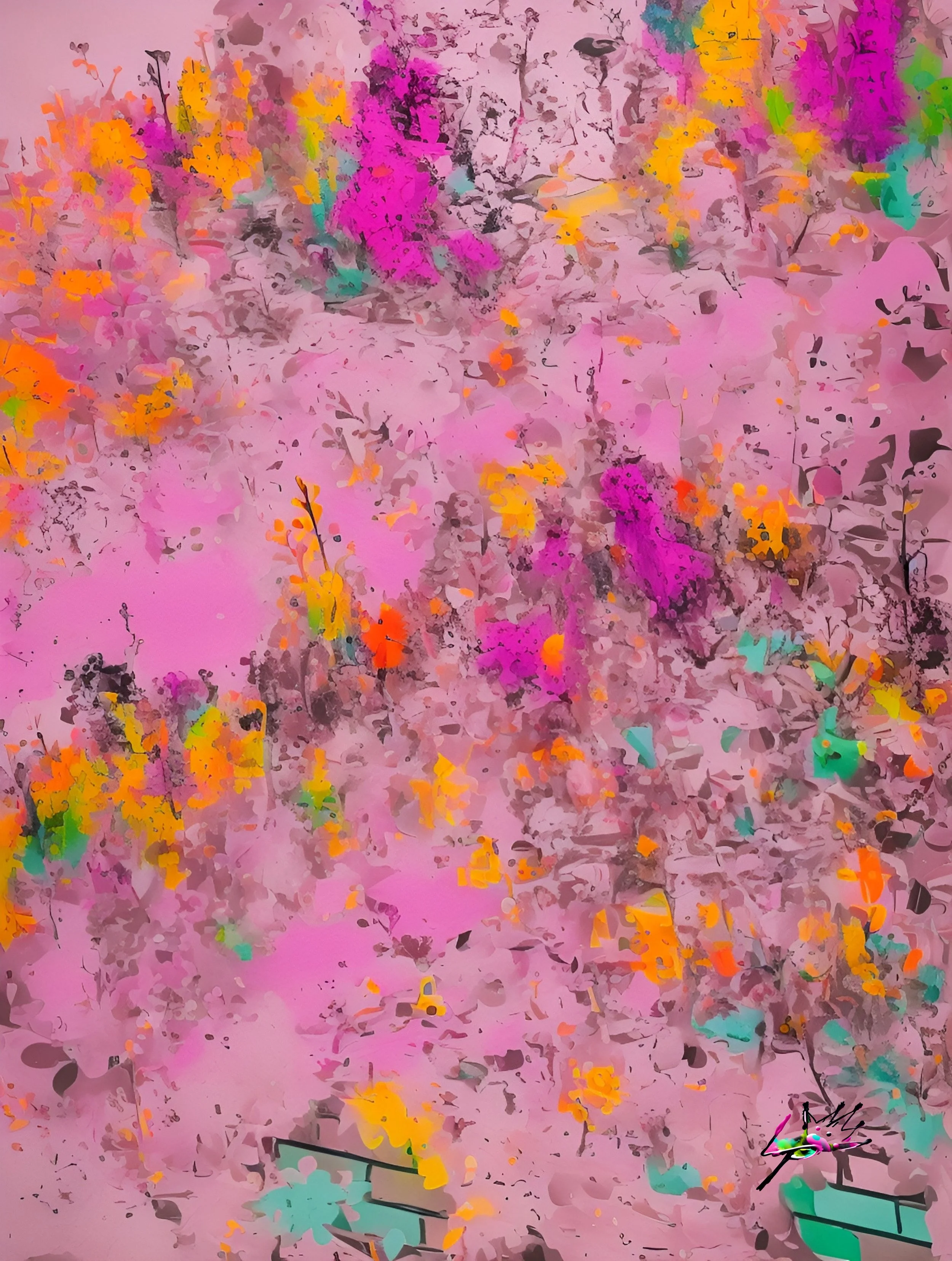 Title: Blush Summer
Vibrant pinks collide with yellows, greens, and purples — a burst of color that hums like music in heat. Every layer is movement, joy, and rhythm, wrapped in light.