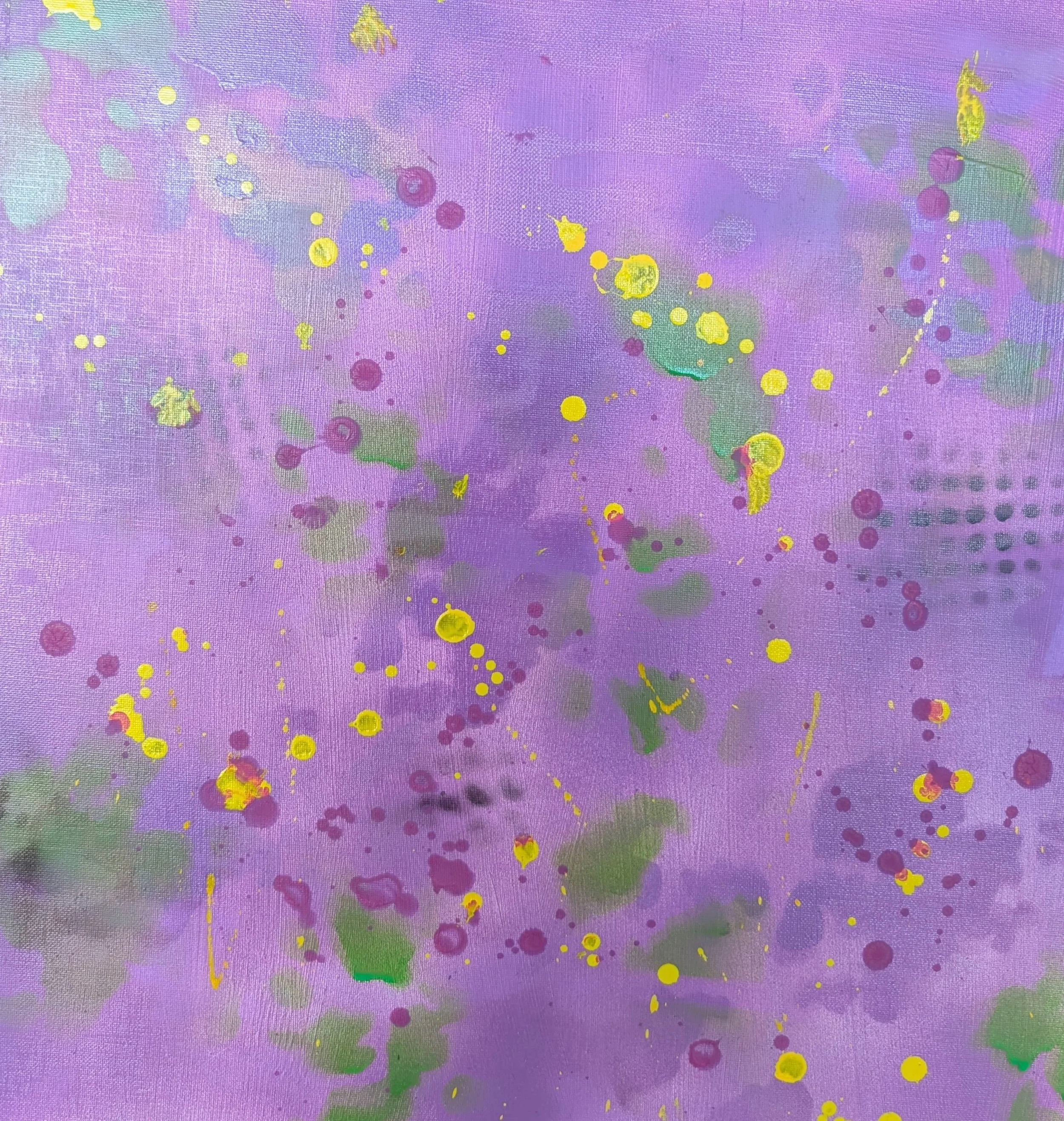 L.A. Dreams
20in w x 20in l
Neon memory over a purple haze—soundtracked by 80s airwaves. Dots and camo marks scatter like night lights on Sunset. This is nostalgia in motion