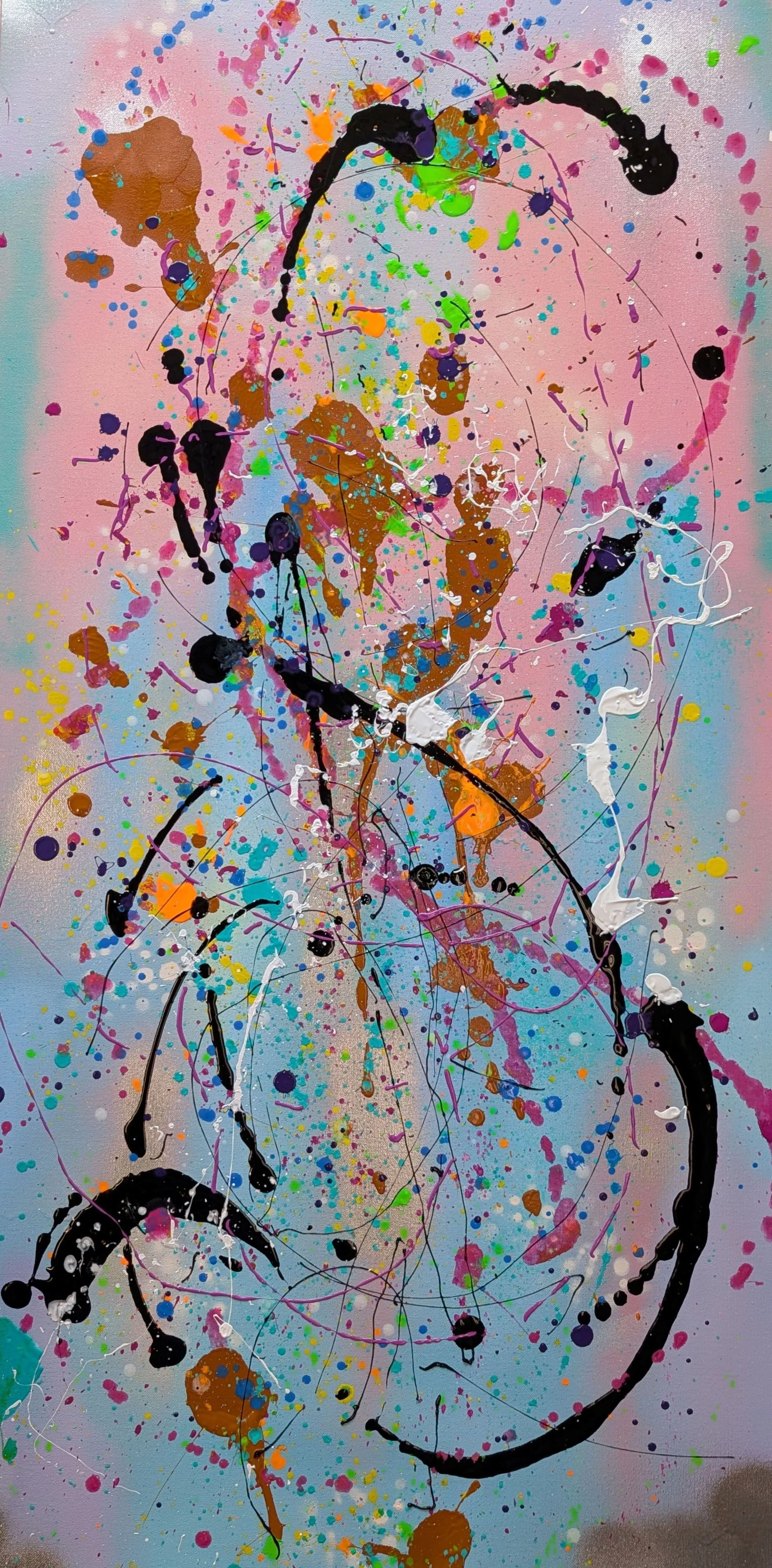 G-Clef
24in w x 48in l
Black curves sweep like a staff line; color riffs in the margins. Everything bends toward melody. This is movement you can read and hear