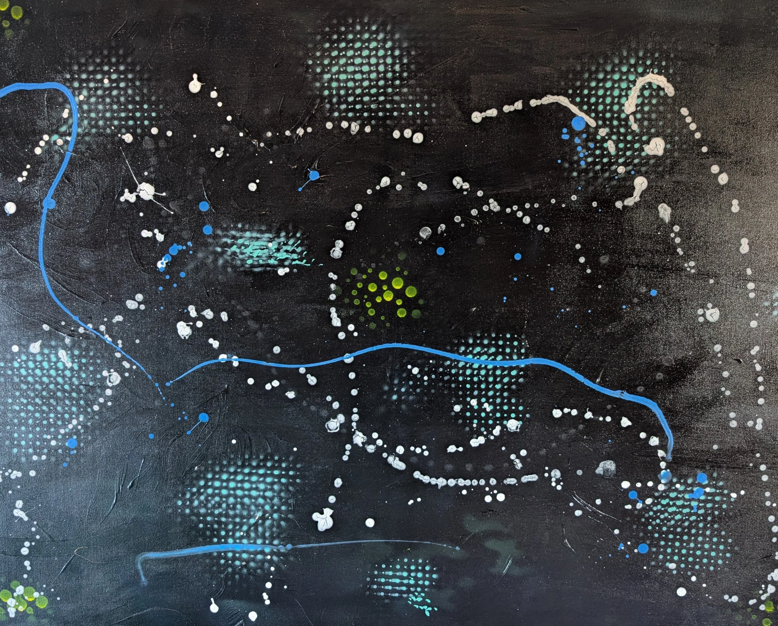 Disco
40in w x 30in l
Dot clusters spark and a thin blue line snakes the floor—late-night energy on a black ground. It’s the geometry of a dance you can’t forget. Everything’s moving, even the dark.