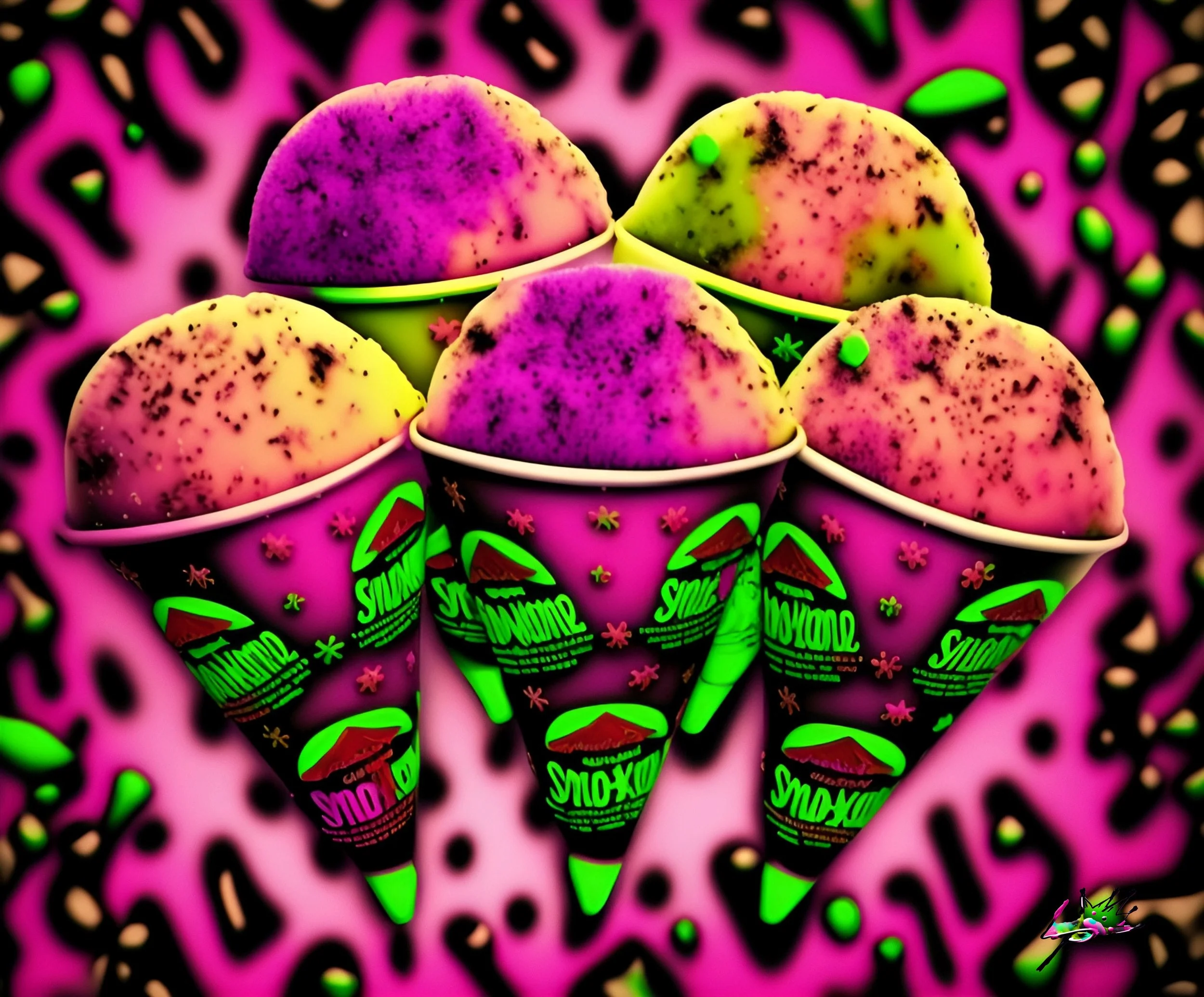 Lit Snow Cones – Comp 2
Sugar rush meets symmetry. The clustered cones blend creamy yellows and magentas against a storm of pink and black. It’s Pop as pleasure: indulgent, glowing, impossible to look away from. Lee takes the familiar and lights it u