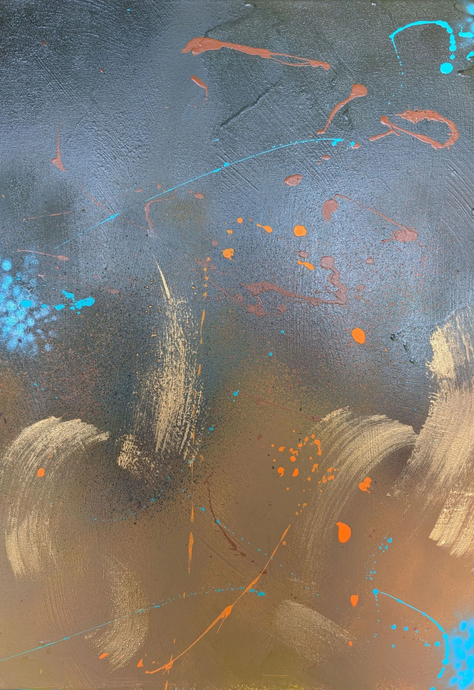 The Dance
18in w x 24in l
Smoke, rhythm, and flickers of color—this one moves like bodies in low light. Orange and turquoise cut through the blue-black haze and turn motion into melody. It’s choreography made of paint