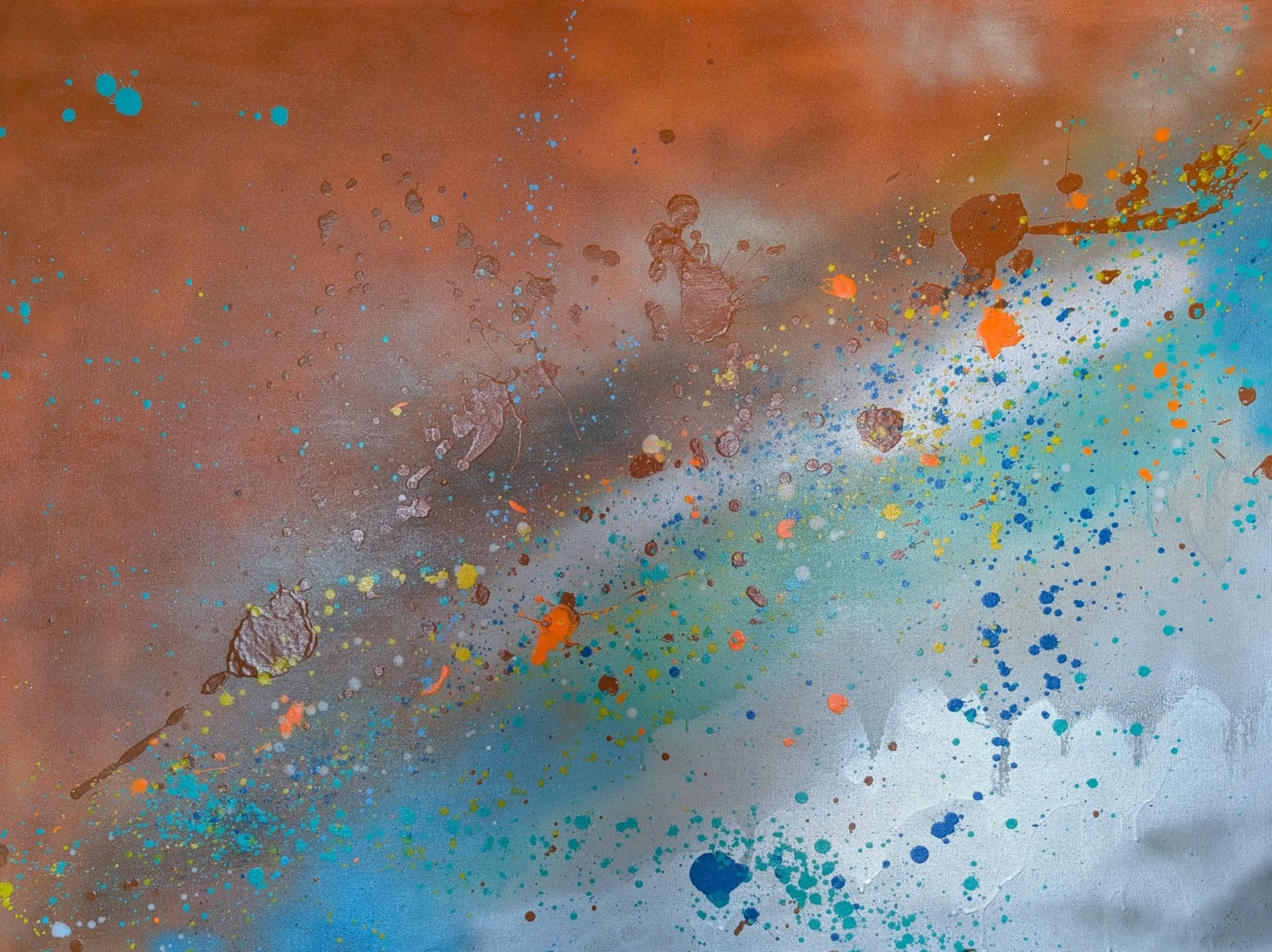 Decay
40in w x 30in l
A diagonal current of rust and silver holds the space between ending and renewal. Color drips and splatters pulse across the divide, turning erosion into revelation. This is decay as creation — the beauty found in letting go.