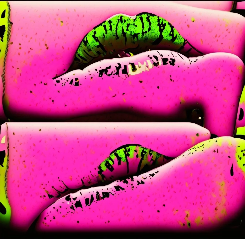 Lit Lust Series – Quench My Thirst – Comp 1
Bold, electric, and unapologetically sensual, this work drips in neon heat. Two sets of luminous lips dominate the frame, pulsing between pink and green. It’s both invitation and defiance — the color of app