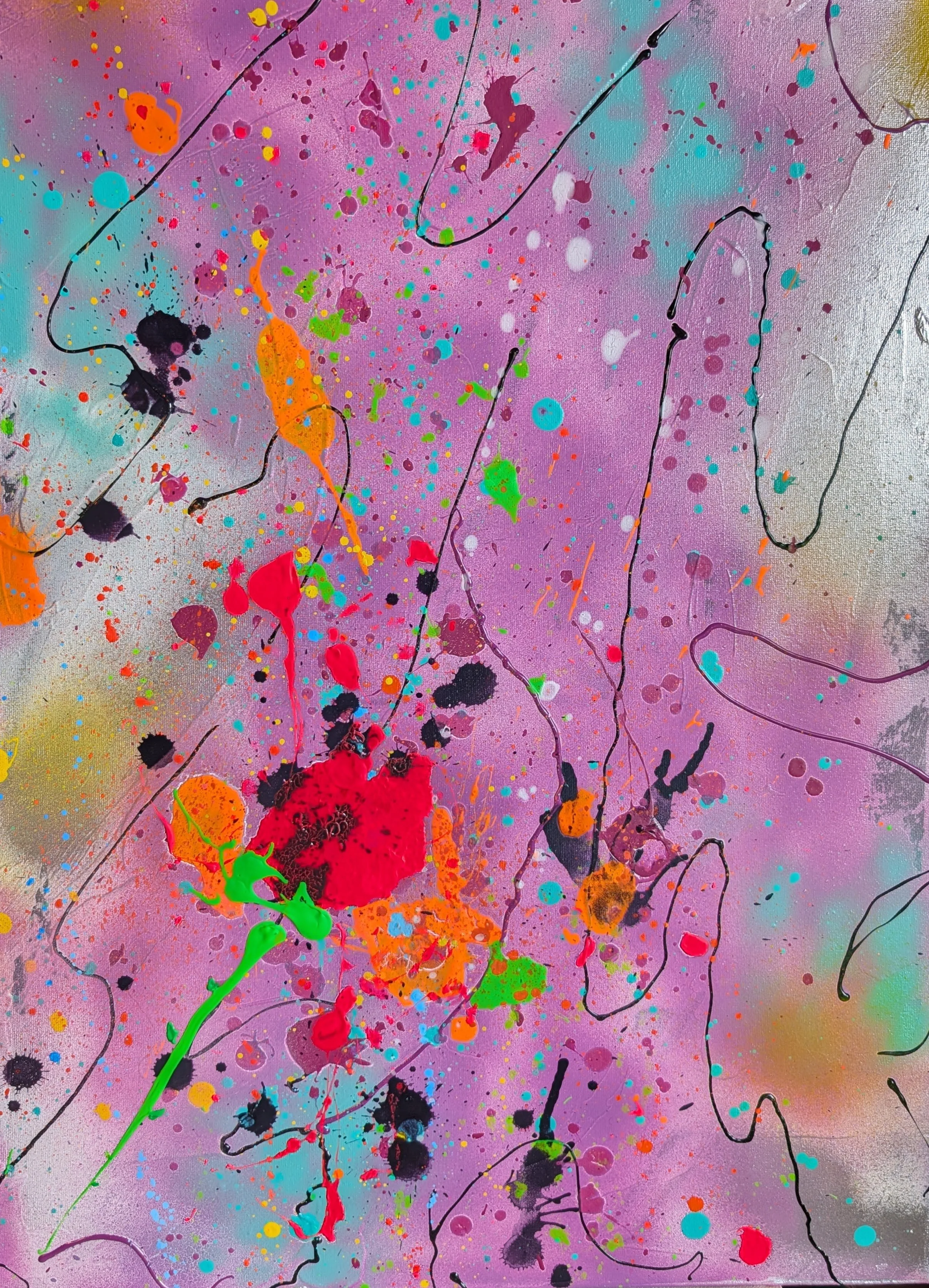 Rosebud
18in w x 24in l

Pink, purple, and blue haze with neon gestures cutting through—tenderness with an edge. Lines weave the color like a melody. It’s a bloom becoming itself.