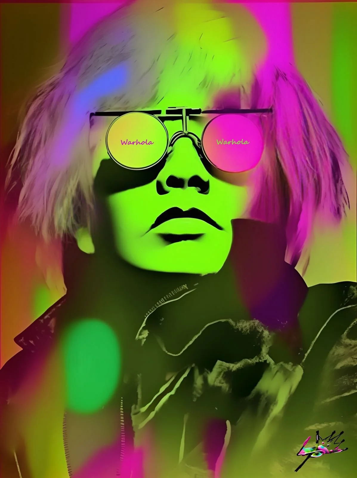 Lit POP Art – Warhola Series – Comp 1
A digital glow-up of Andy Warhol himself — transformed through luminous color and mirror-lens swagger. The green skin, pink hair, and pastel reflections echo Pop Art’s playful contradictions: familiar yet alien, 
