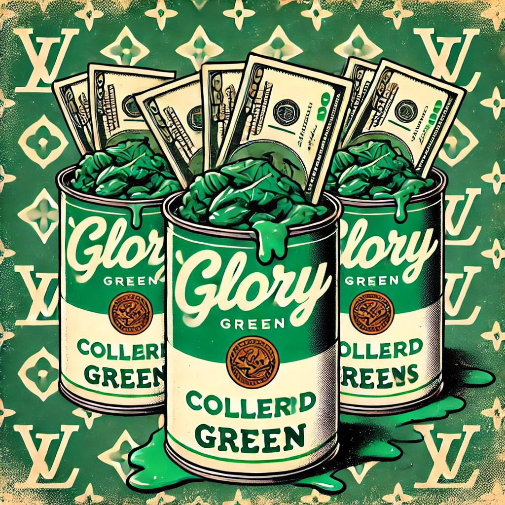 Lit Glory Green – Comp 1
Three cans of “Glory Green Collard Greens” burst open with collards and dollar bills. This piece reimagines Pop Art’s fascination with brands and commodities through a distinctly cultural lens — southern tradition meets luxur