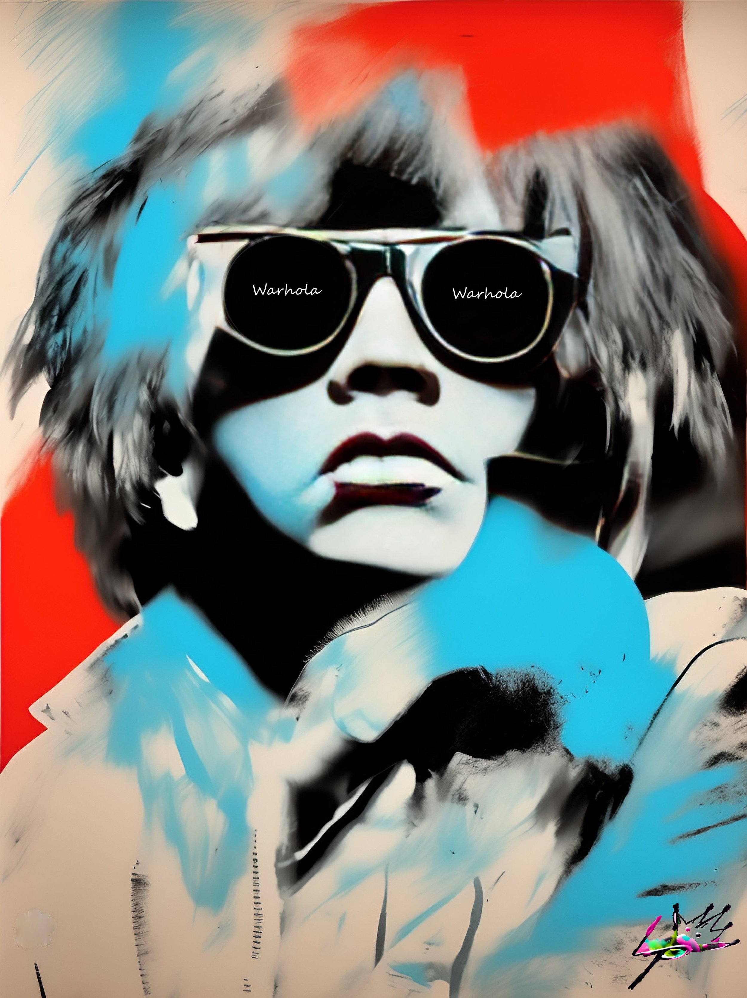 Lit POP Art – Warhola Series – Comp 2
Warhol’s cool detachment turns electric. Here, a crimson field amplifies his aura while blue tones sculpt the familiar silhouette into something mythic. The mirrored lenses repeat his name — Warhola — like a mant