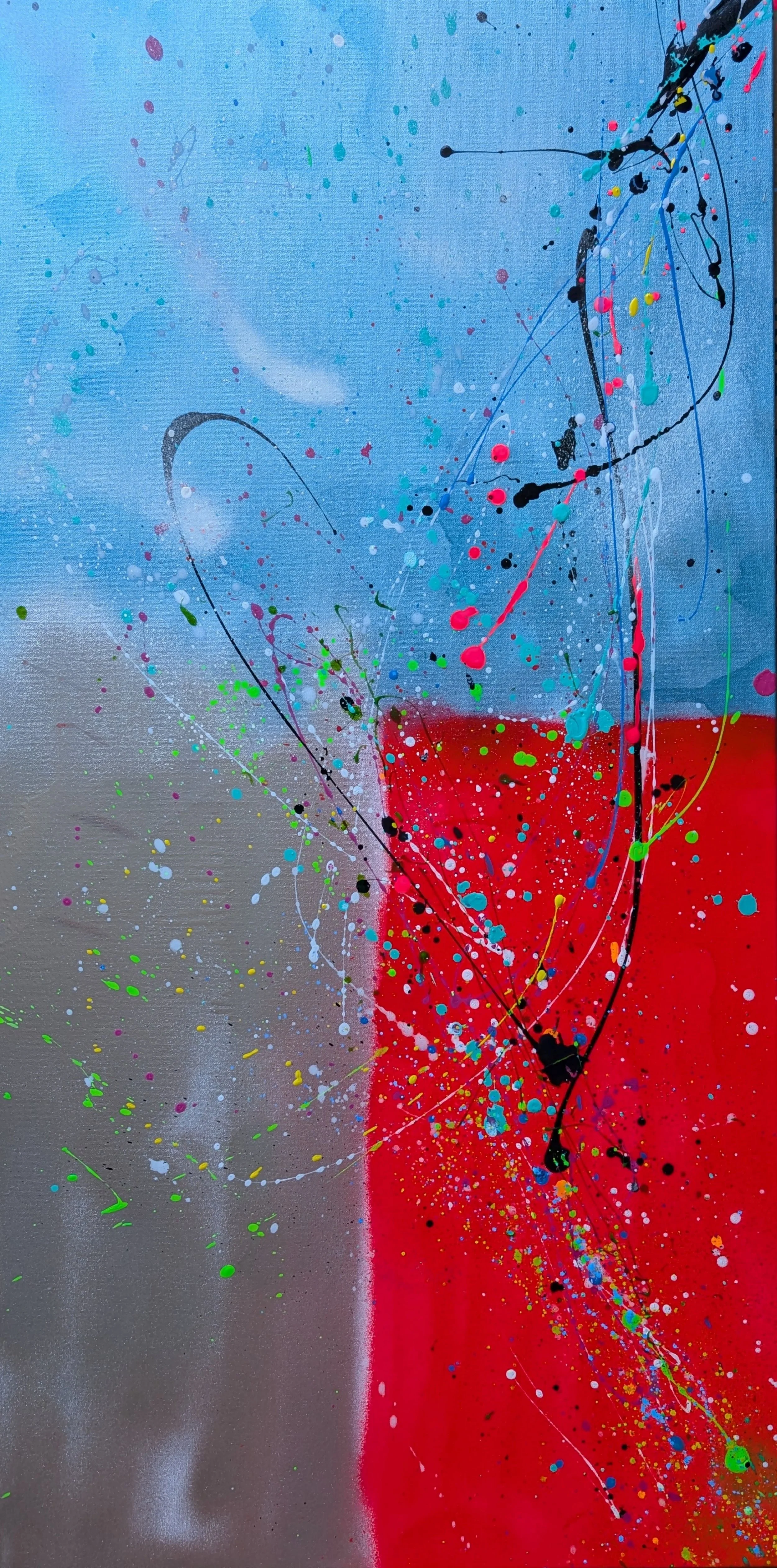 Electric Winter
24in w x 48in l
Cool blues, soft silvers, and a radiant surge of red collide in this luminous composition. Neon splashes arc and scatter with rhythmic motion, echoing the spark of winter light cutting through stillness. Electric Winte