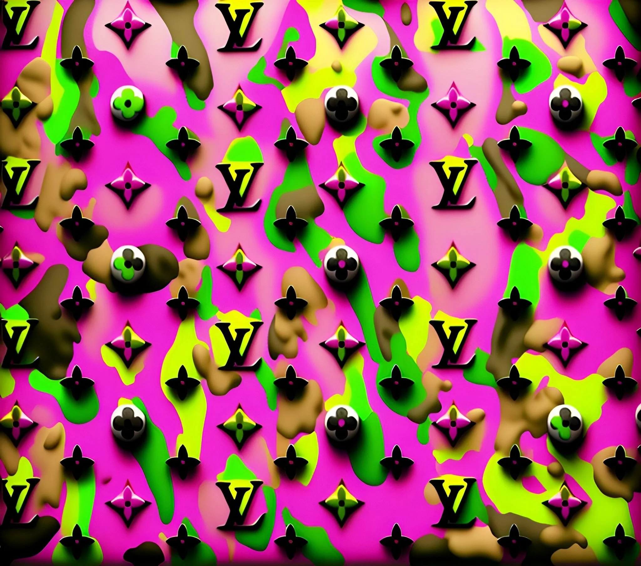 Lit x Luis Camo – Comp 4
Luxury goes electric. The classic Louis Vuitton monogram floats over neon chaos — pink, green, and beige morph into movement. Lit x Luis questions how icons of status mutate in the digital age. The embossed LV motifs glimmer 