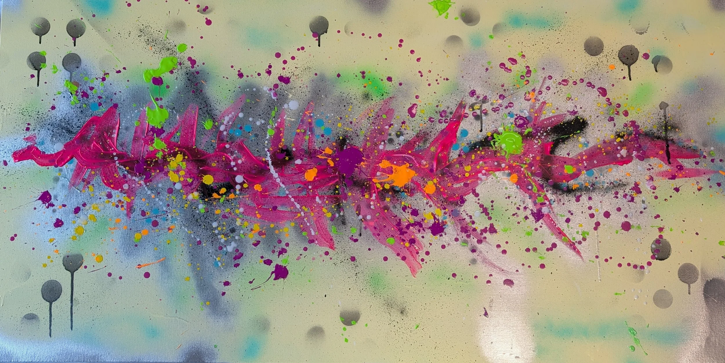 The Speed of Sound
48in w x 24in l
Magenta surges, edges cut, and color scatters like a track dropped in real time. Motion isn’t implied—it’s happening. You can almost hear it.