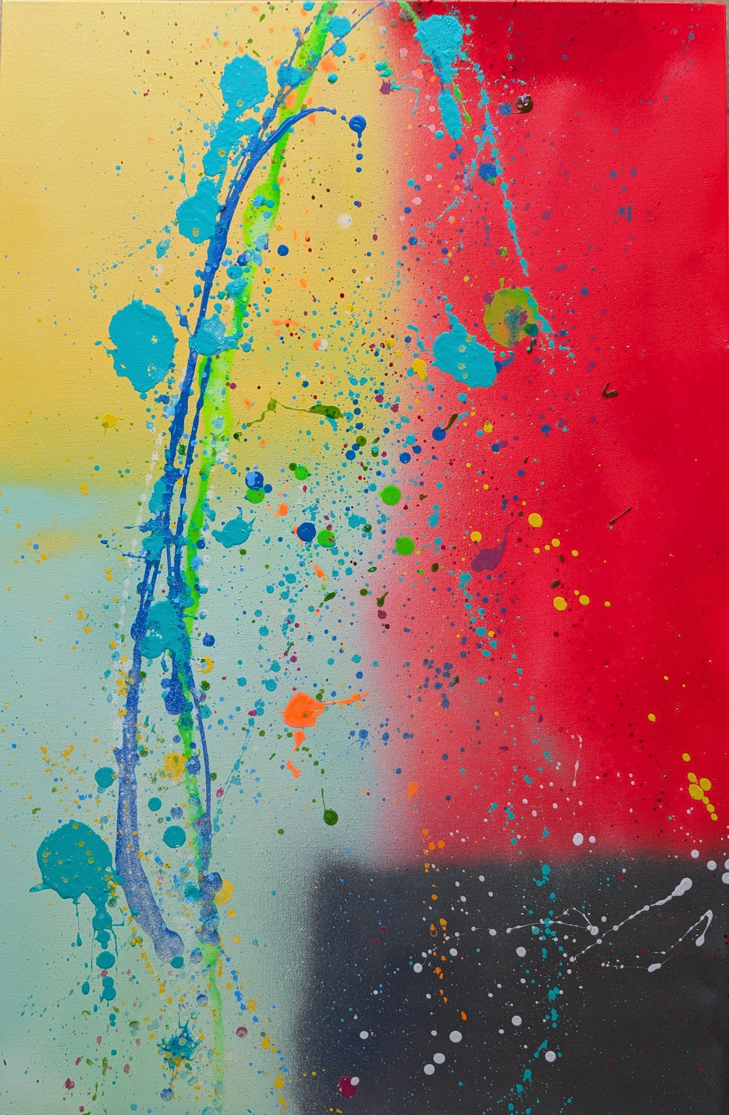 The Drop
24in w x 36in l
A warm gradient falls toward red while a metallic block grounds the corner. Blue-green arcs climb like a chorus rising. When the beat hits, color follows.