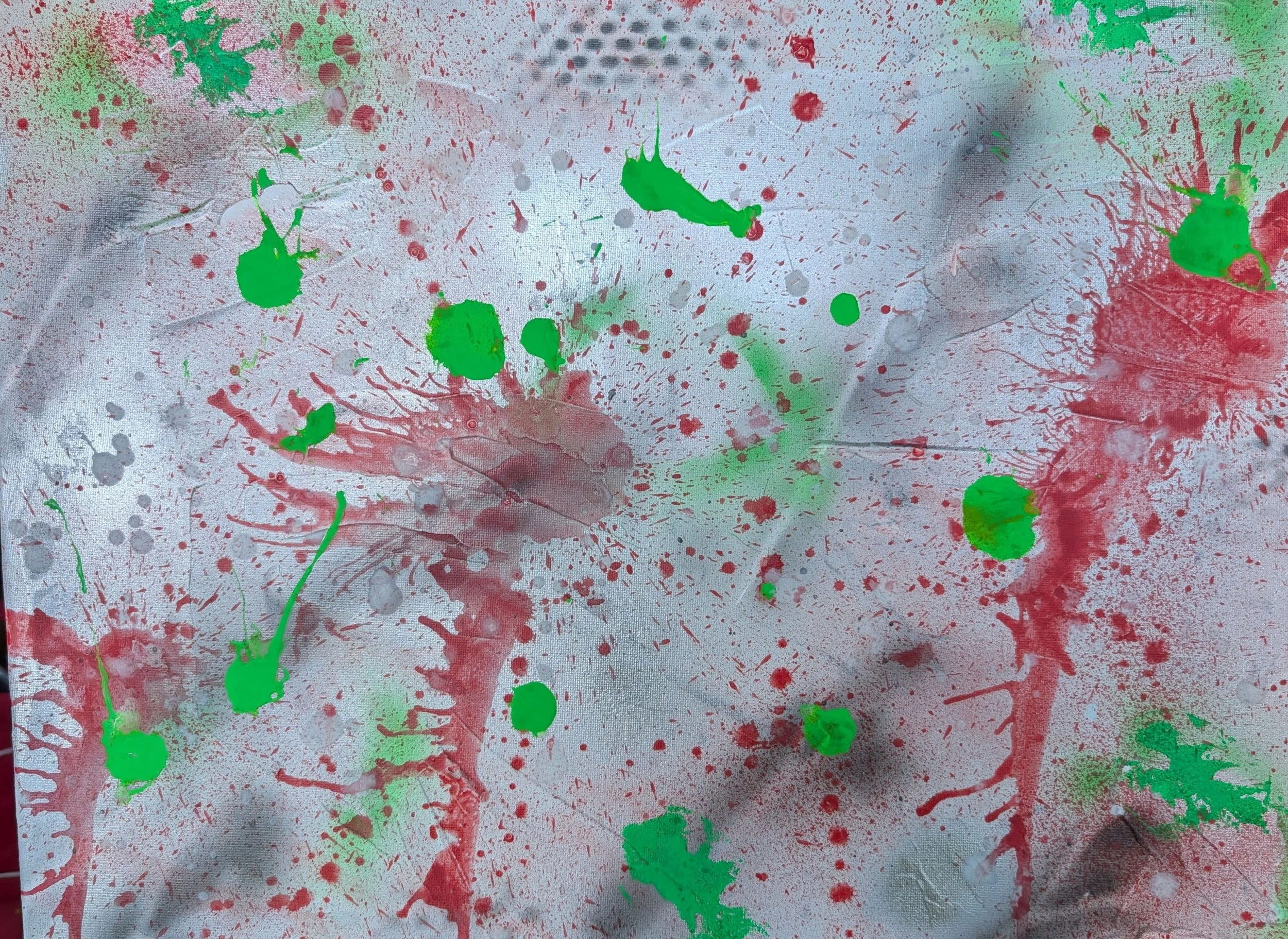 Blood on the Leaves
24in w x 18in l
Green life and red rupture collide on a textured gray field, like breath and heartbeat in the same moment. The splashes move from calm to eruption, holding tension and mercy in one frame. I’m chasing that space whe