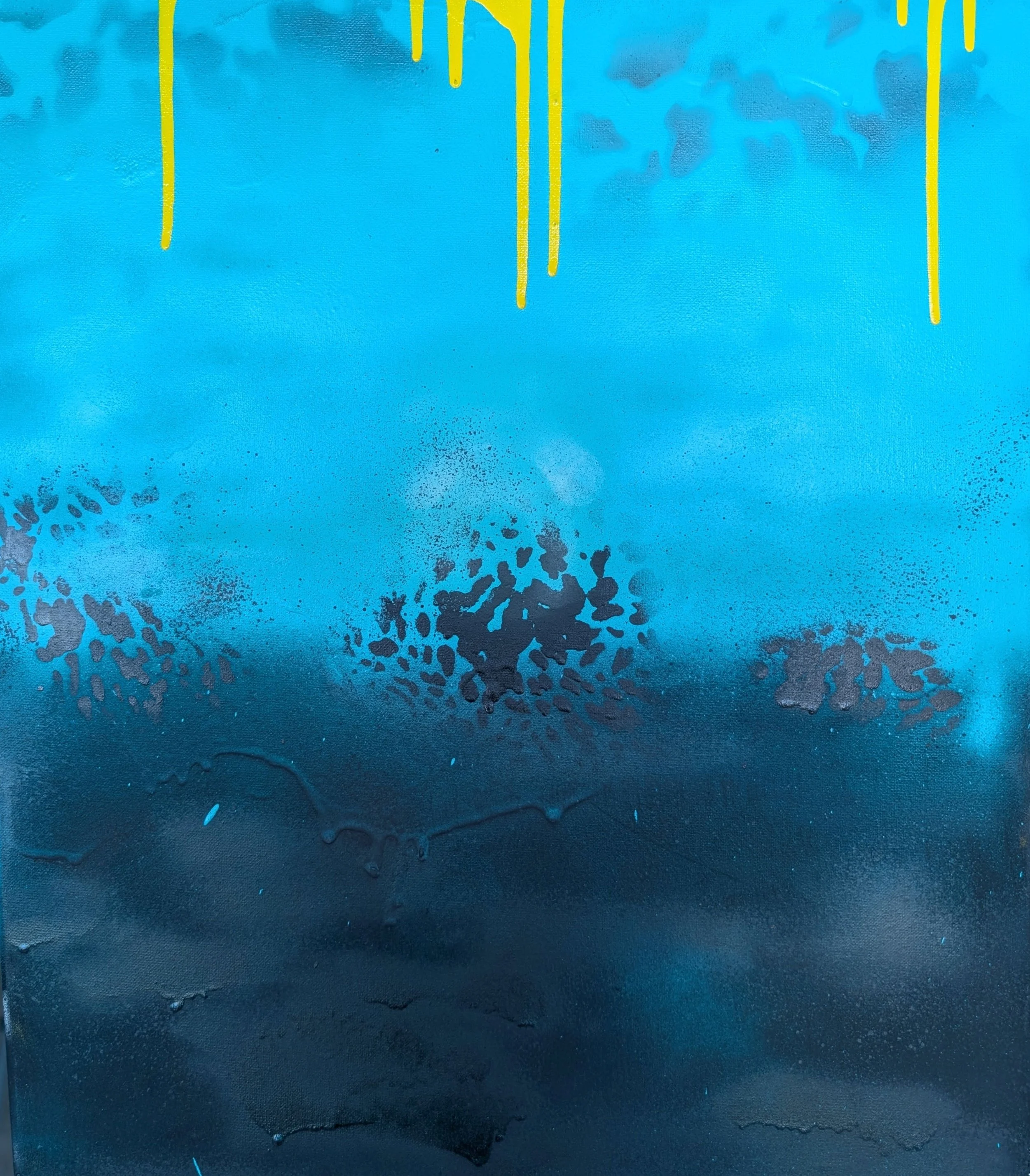 Twilight
20in w x 24in l
Blue falls to near-black while yellow drips cut through like evening lights. Patterns gather in the middle and dissolve below. In dim rooms, the piece glows—hence Twilight.