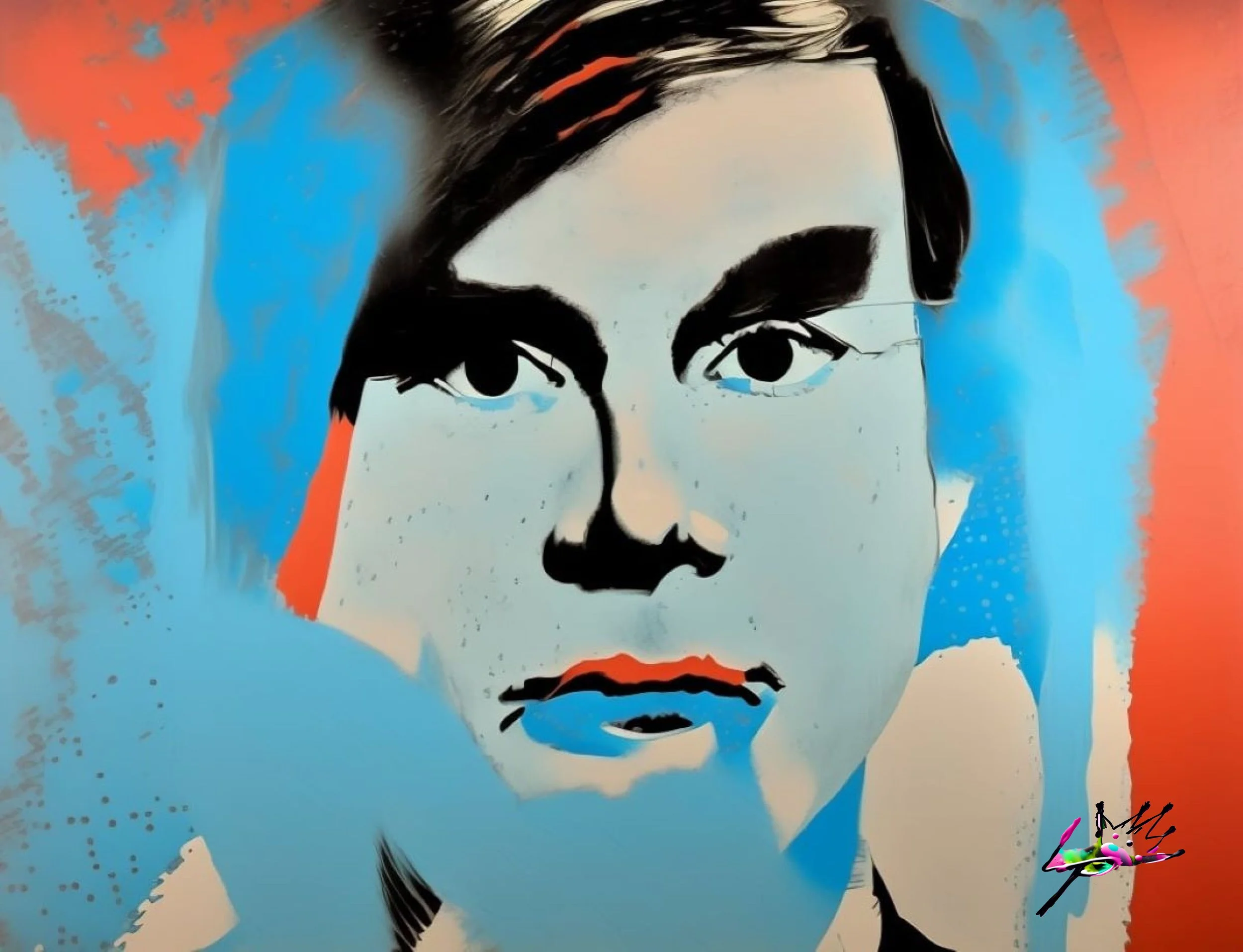 Lit POP Art – Andy – Comp 7
Cool gray tones meet a riot of orange and blue. Warhol’s gaze is serious, but the palette hums with energy — graffiti meeting gallery. The red lips and urban edges make this portrait feel alive, like street art vibrating w